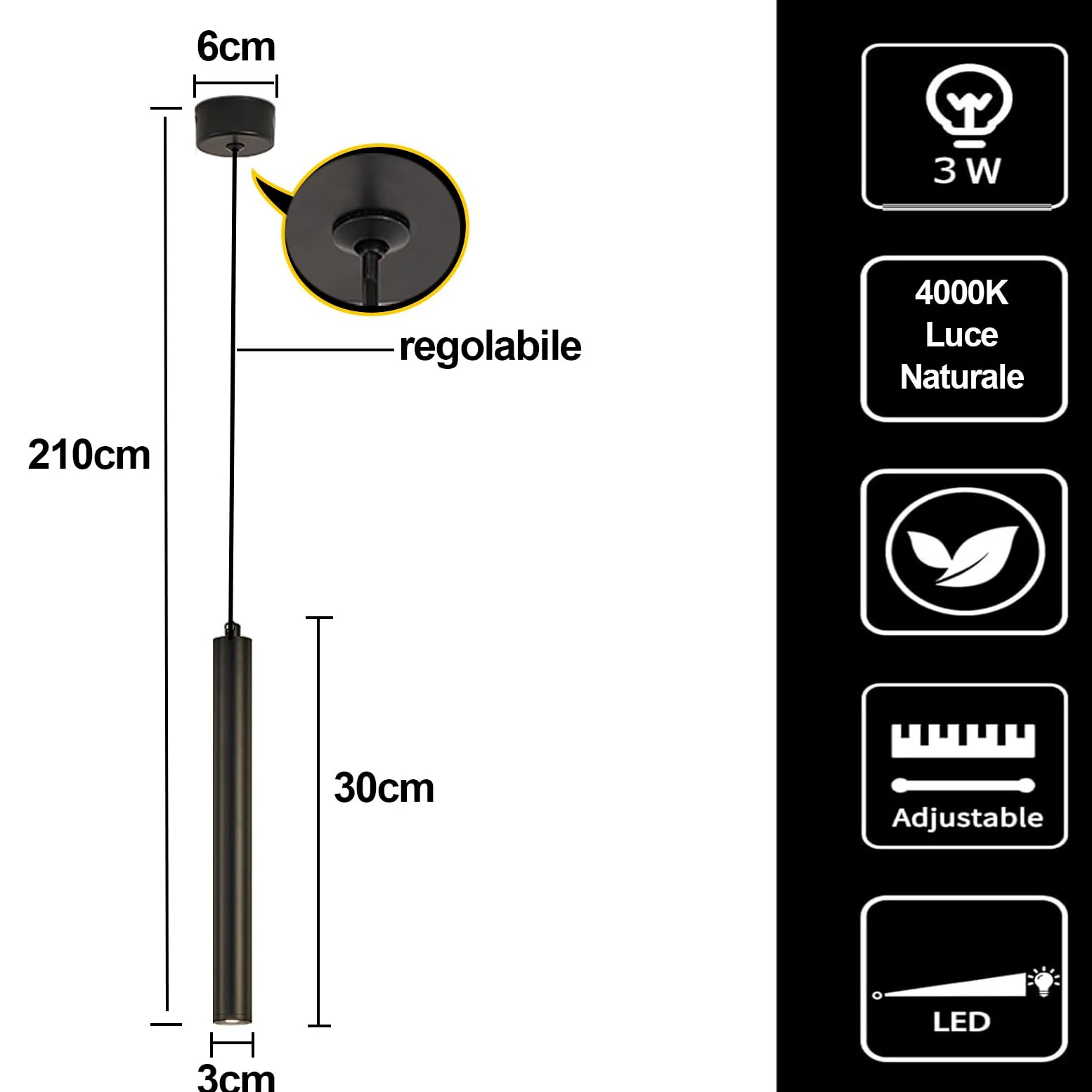 Lampada a Sospensione Comodino Camera da Letto, 2 Pezzi lampadario led a cilindro Nero, Regolabile In Altezza lampada a sospensione moderna per cucina soggiorno tavolo da letto 30cm (2)