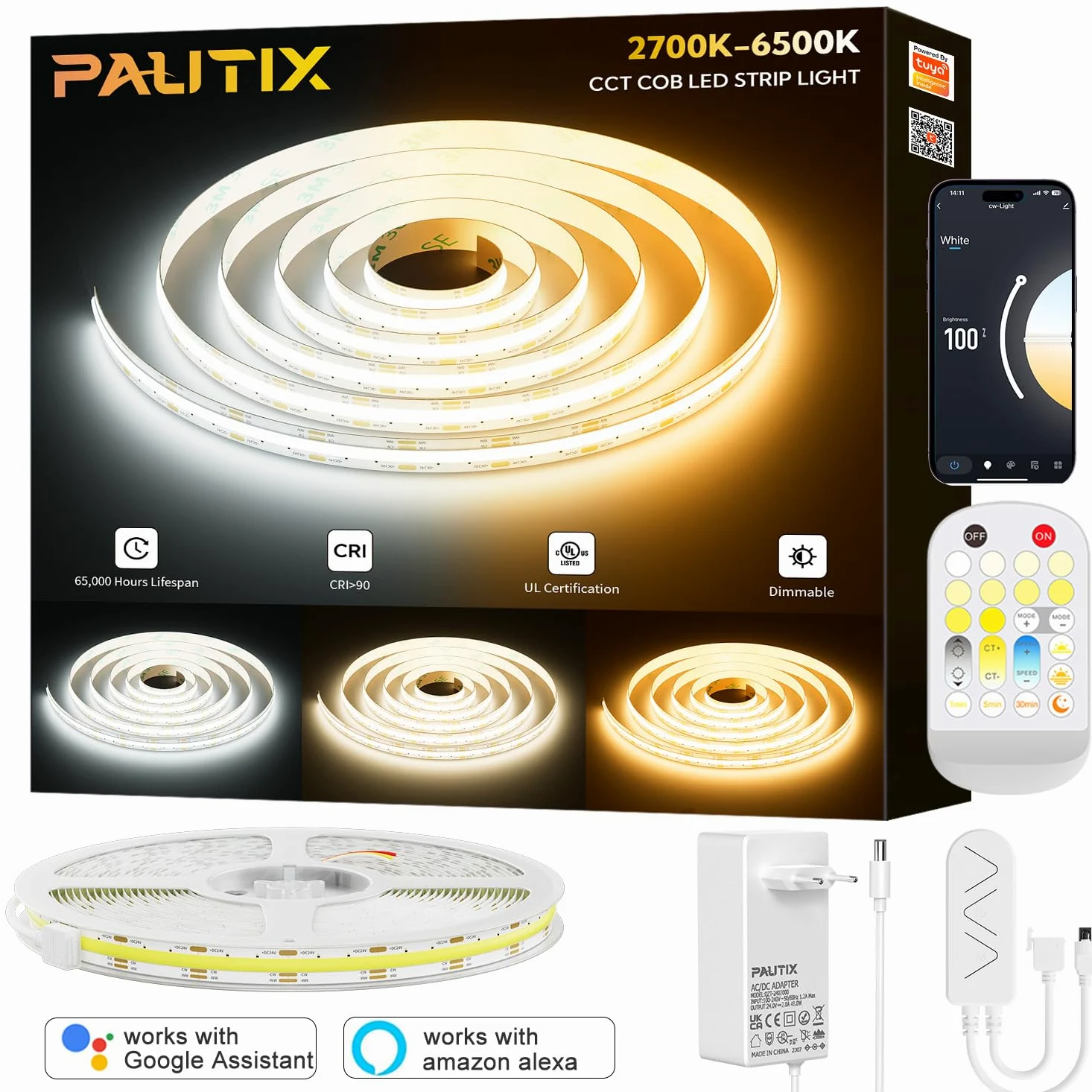 PAUTIX COB LED Striscia CCT 10M 24V Regolabile 2700K-6500K WiFi LED Strisce Funziona con Tuya/Alexa/Google Assistant,640LEDs/m,CRI90+,Intelligente LED Strip Lights per Armadio da Cucina, Camera,TV
