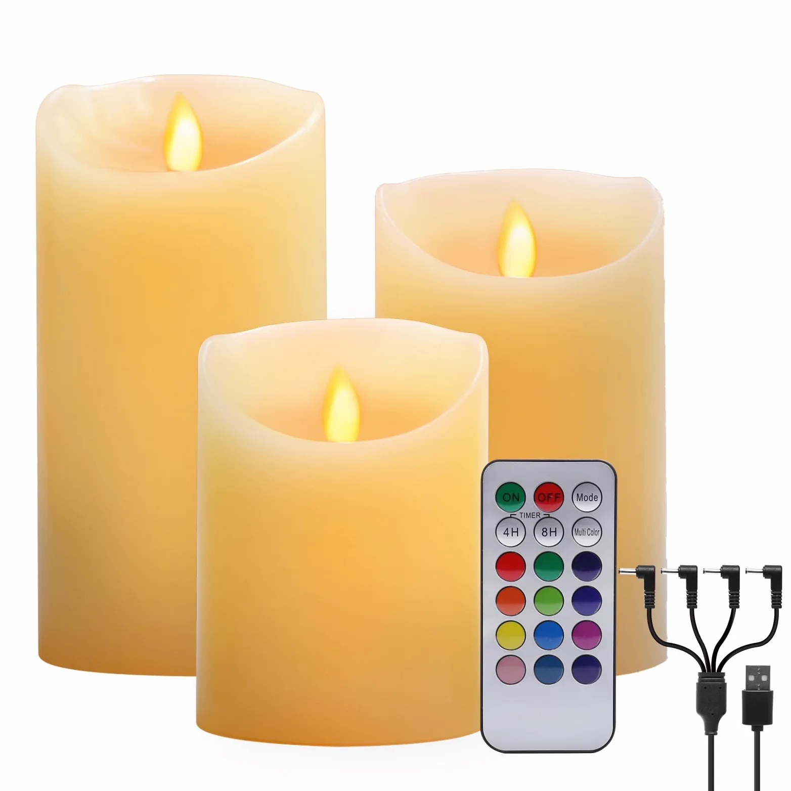 Candele LED Senza Fiamma, Bianco Caldo Multicolor Real Wax Pilastro Luce Candela Ricaricabili USB, con Telecomando e Timer, Lampada Candela per Natale Feste Decorazione Casa Matrimonio