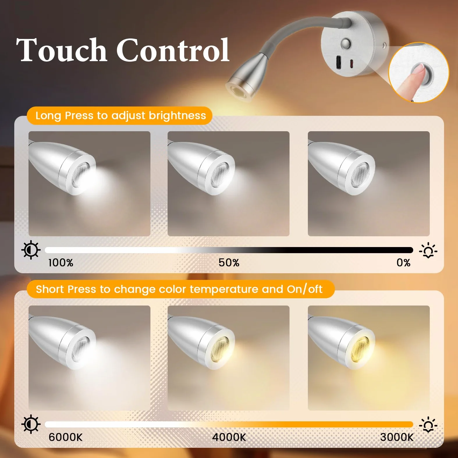 2 Pezzi Lampada da Lettura per Camper con Caricabatterie USB A+C, faretto da Parete a LED da 12 V, Lampada da Parete Flessibile a Collo D'Oca per Camper roulotte Barca Yacht (Argento)