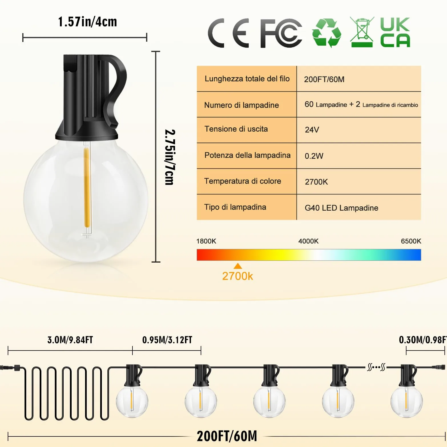 Catena Luminosa Esterno Luci Giardino - 60M G40 Led 60+2 Lampadine Esterno Filo Luce Calda Impermeabili con Telecomando Luci Per Gazebo da Esterno Decorative Campeggio Matrimonio per Balcone Terrazzo