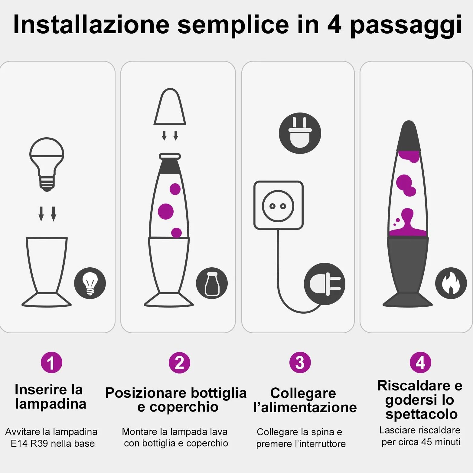 Lampada Lava 34 cm Viola e Gialla – Lampada a Lava Retrò Decorativa – 2 Lampadine R39 25W E14 – Luce d’Atmosfera Rilassante per Camera e Soggiorno, Idee Regalo
