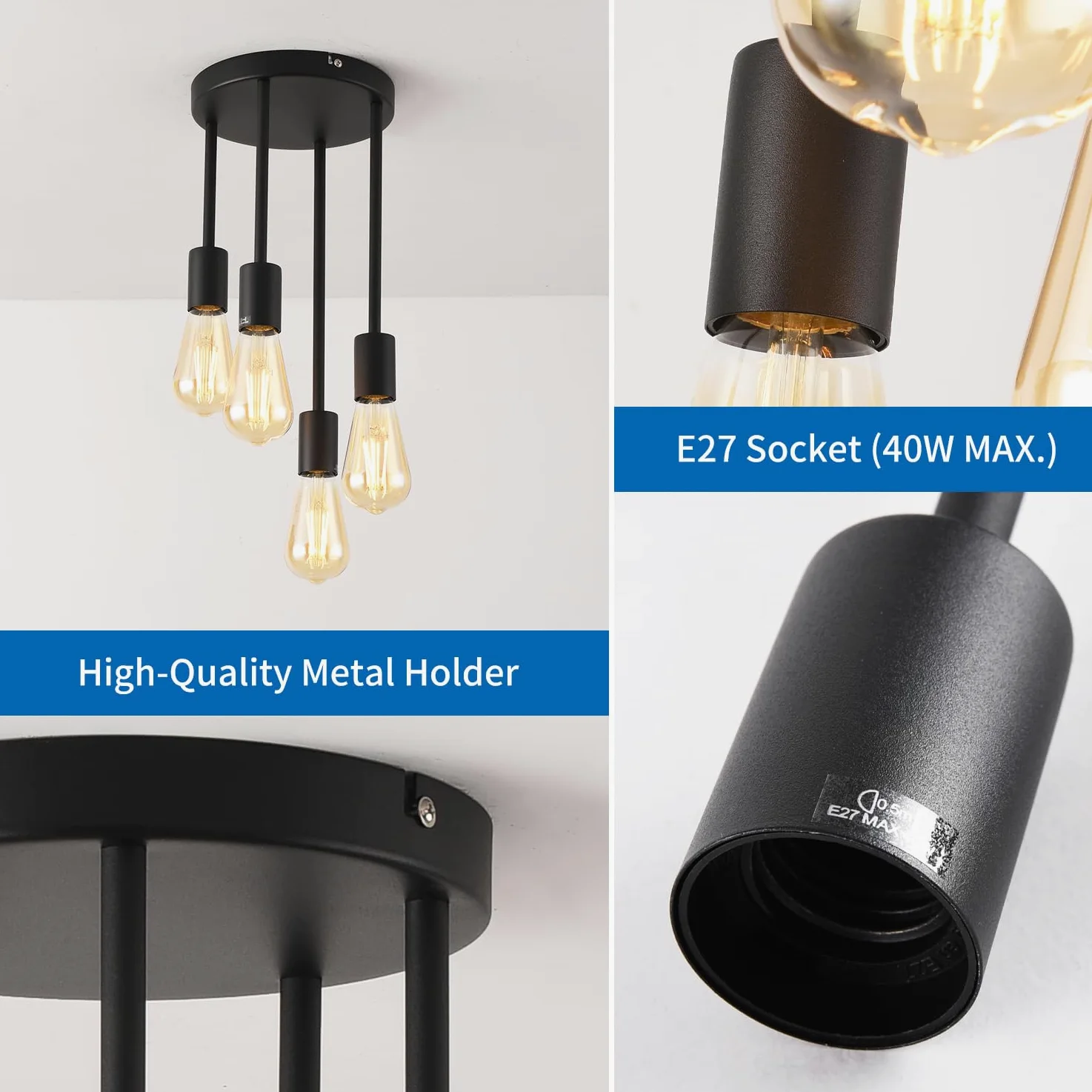 ANWIO Lampada a Sospensione, Lampadari Moderni con 4 Lampadine LED Attacco E27, Lampadari da Cucina Nero, Lampadario Sospensione per Camera da Letto,Soggiorno(Lampadine Escluse) EUC-EA