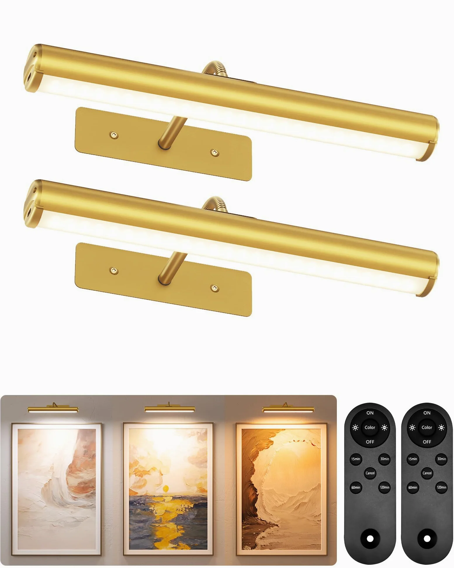 EZVALO Lampada da parete ricaricabile senza fili, 33 cm Illuminazione per Dipinti con Batteria Ricaricabile da 4000 mAh, Telecomando, Regolabile, applique a LED per Quadri e Dipinti - Oro | Lampada da parete da 33 cm con telecomando, dimmerabile e 3 tempe