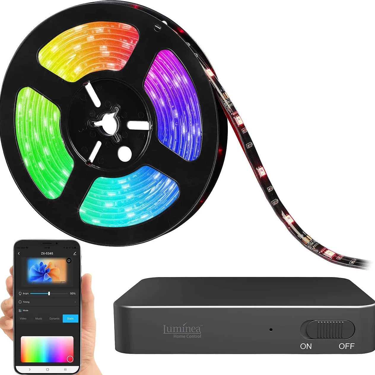 Luminea Home Control TV-Sync-Box HDMI con striscia LED RGBIC 3,8 m per TV 55-65", WiFi, 4K