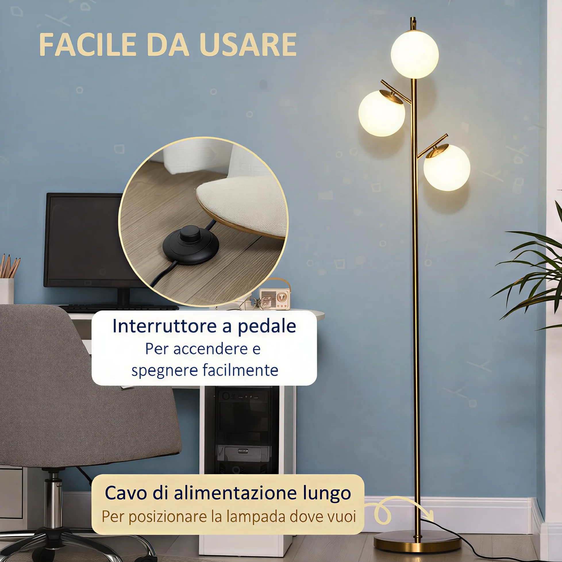 HOMCOM Lampada da Terra Moderna con 3 Punti Luce, Lampada a Piantana in Metallo e Vetro, Ø27x169cm, Oro