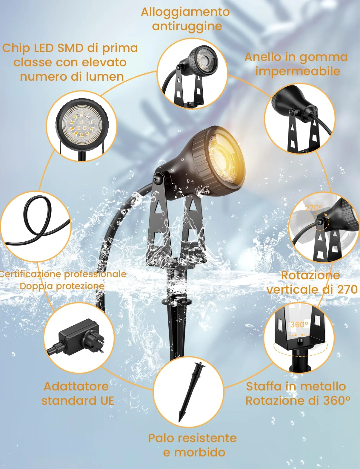 ZOTOYI Impermeabile IP68 Faretti da Giardino Kit Illuminazione Giardino 32M 10-in-1 con Adattatore, 30W LED Luce Calda 3100K per Prati, Viali d'Ingresso, Eventi all'Aperto