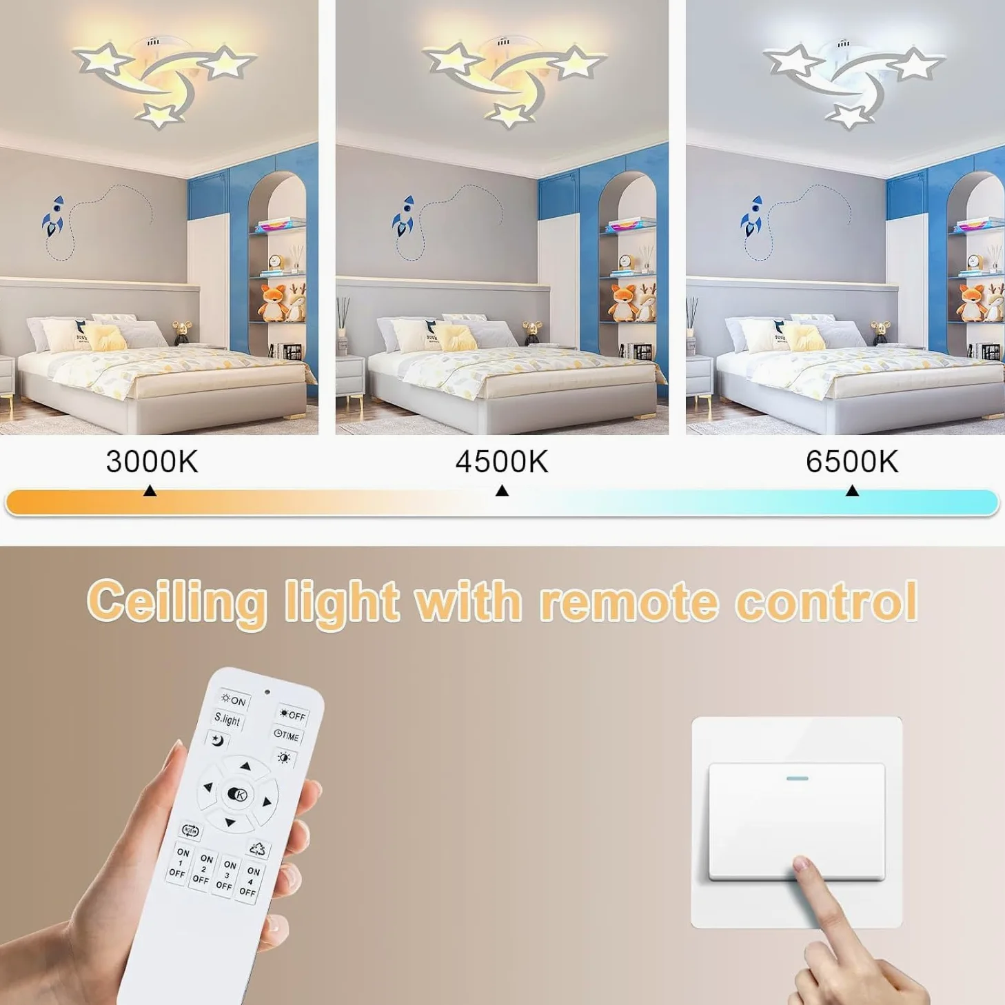 Toolight Plafoniera LED dimmerabile 30 W 3375 LM, lampadario camera da letto per bambini con telecomando 3000 K-6500 K, moderna lampada da soffitto per camera dei bambini, soggiorno, camera da letto,