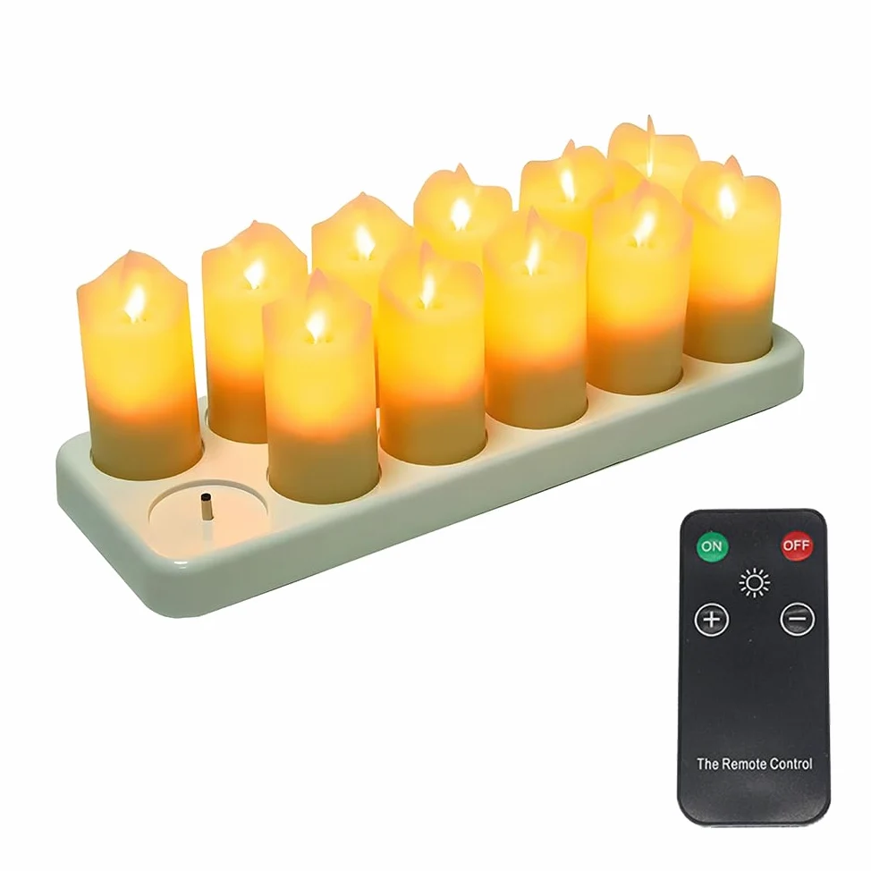 Candele tremolanti Senza Fiamma Confezione da 12 Candele LED realistiche Ricaricabili con Telecomando a 4 Tasti Candele elettriche in plastica in Giallo Caldo per Decorazioni