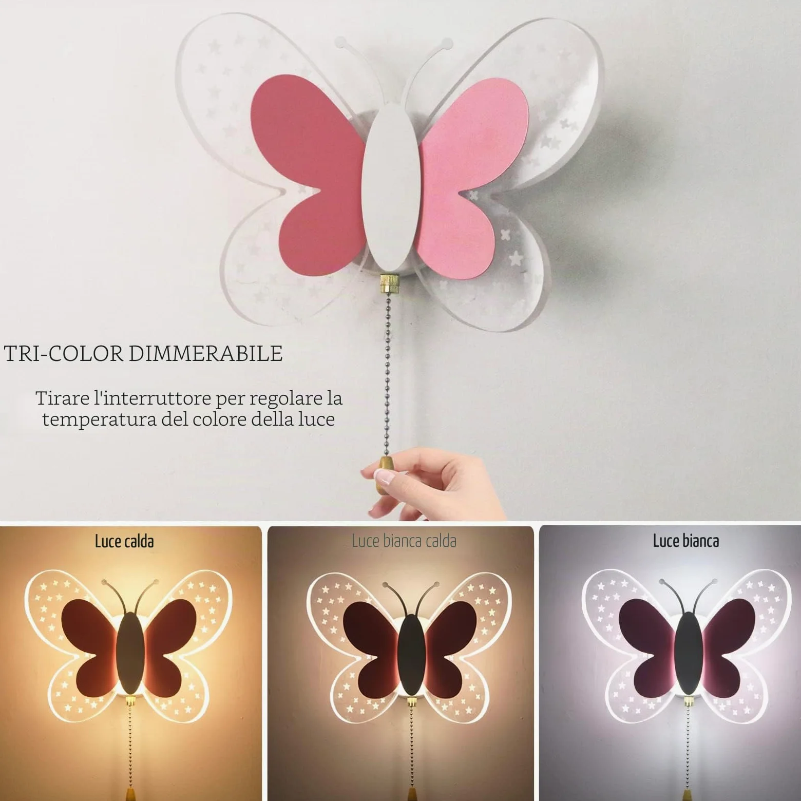 Lampada da Parete a LED per Cameretta dei Bambini, 16W Lampada a Muro con Interruttore, Effetto Stella Illuminazione a Parete per Camera da Letto, 3 Temperature di Colore Regolabili, Rosa