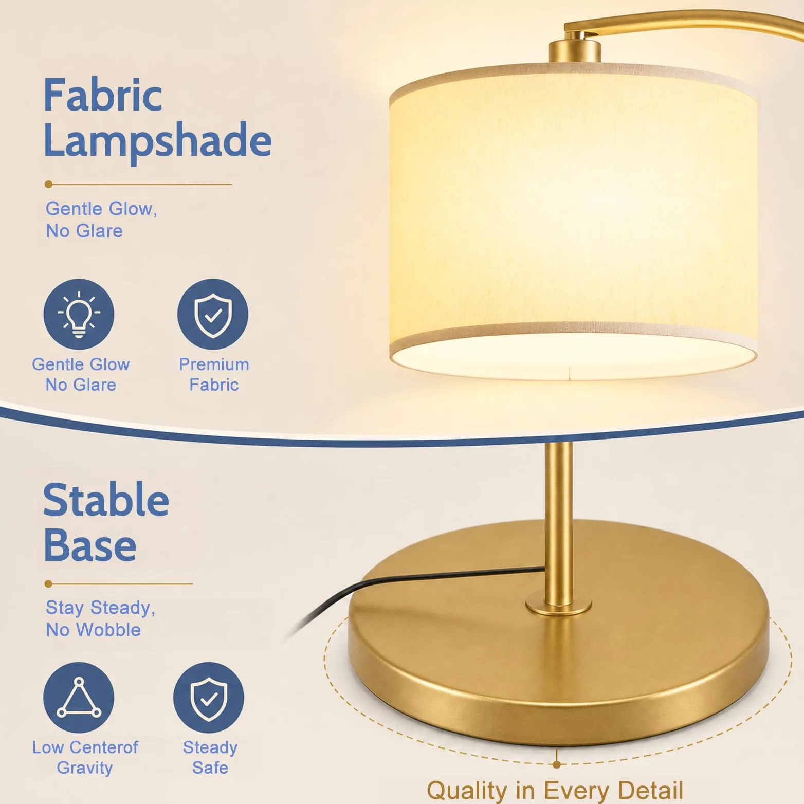 Lampada Da Terra Ad Arco 157 cm, Testa Orientabile, E27, Oro | Paralume in lino, lampadina LED 12W a 3 tonalità inclusa, interruttore a pedale, base stabile in metallo