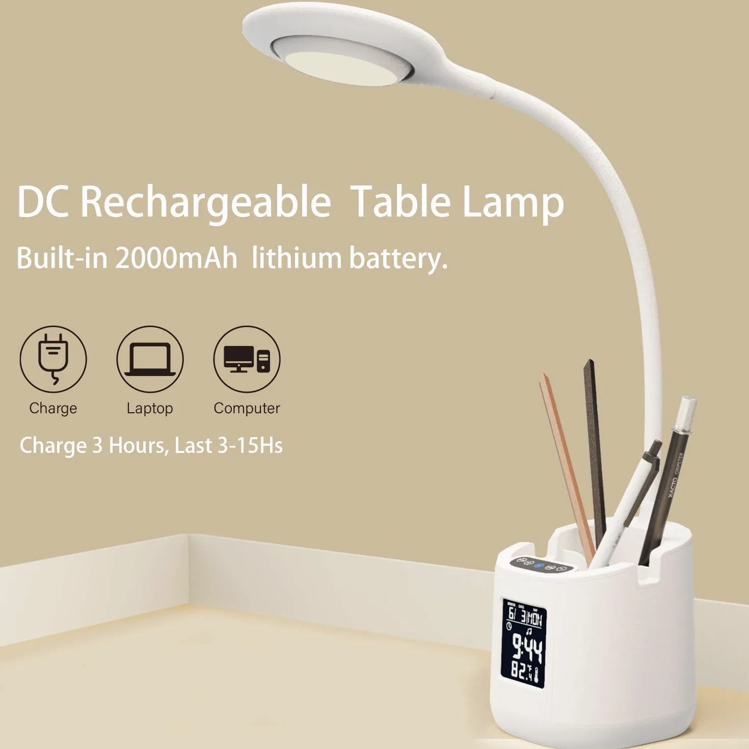Lampada da scrivania a LED, DORSION con sveglia con ricarica USB, Lampada da scrivania per bambini con portamatite