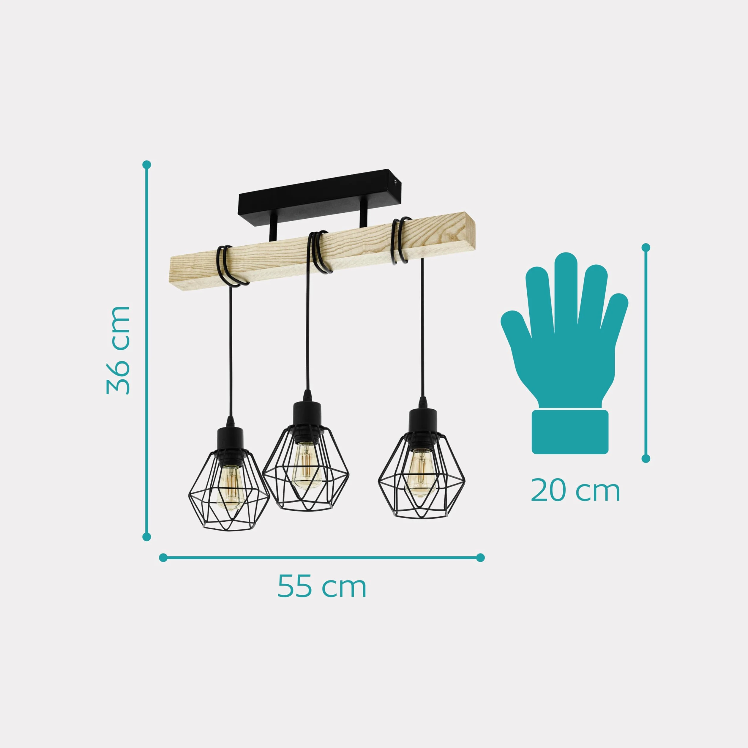 Eglo Lampada da soffitto Townshend 5, plafoniera vintage a tre punti luce, plafoniera dal design industriale, lampada a sospensione retrò in acciaio e legno, nero, marrone, E27