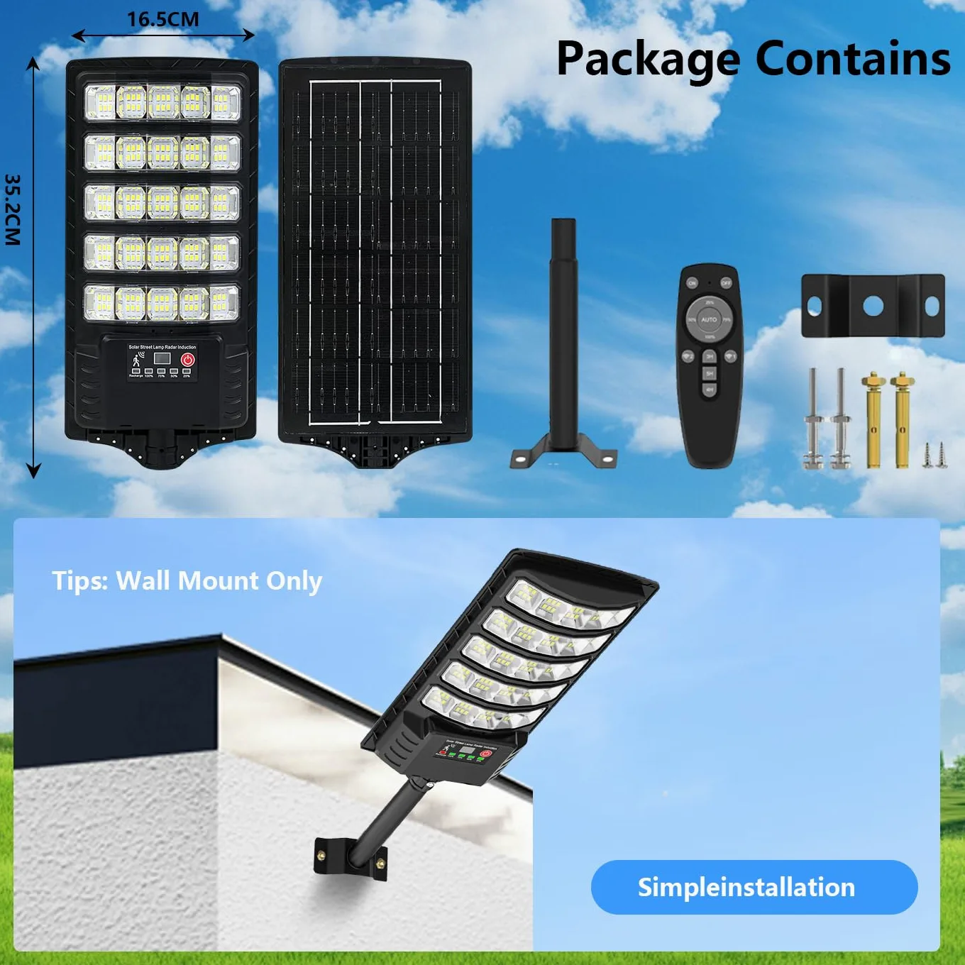 Luce stradale solare esterna, LED Grande lampada solare per parcheggio impermeabile con sensore di movimento e telecomando, 8500 K luce di sicurezza esterna per cortile e parcheggio (1 pezzi)
