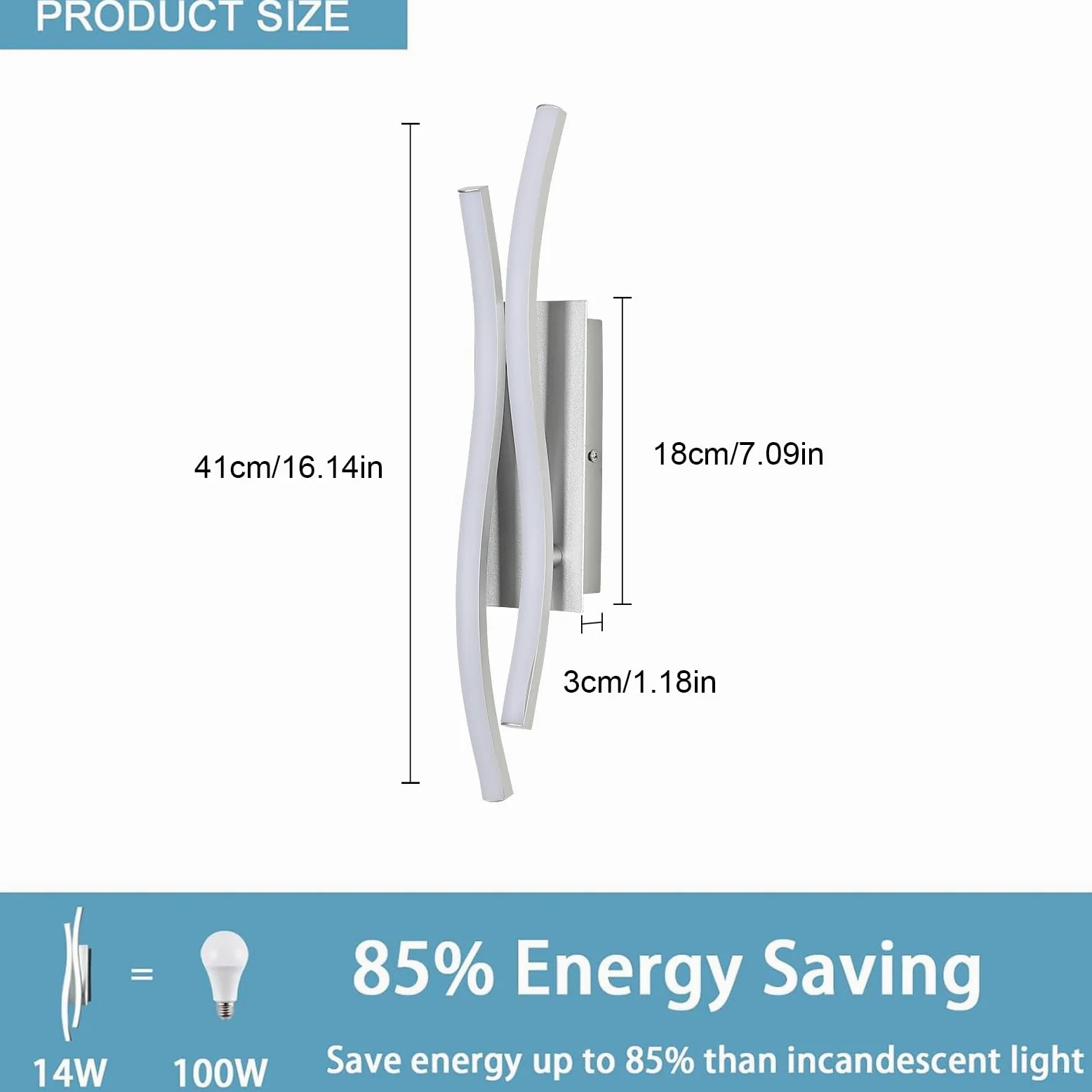 Comely 2 Pezzi Applique da Interno LED, 14W 1575LM Moderna Lampada da Parete per Interni, Lampada a Muro per Soggiorno Camera da Letto, Luce ianca 6500K, Argento, 41cm
