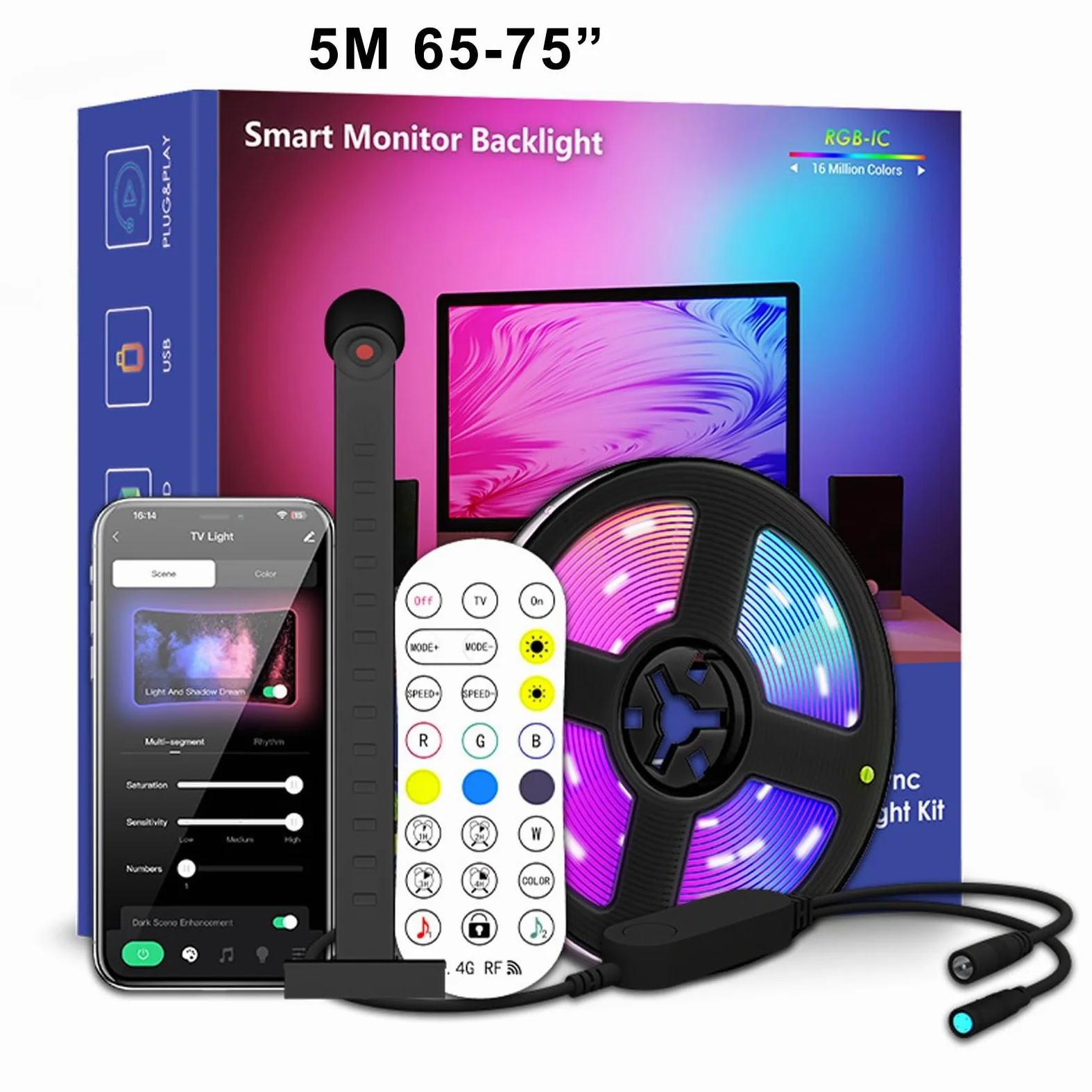 Luce LED Intelligente per TV, Retroilluminazione TV A Colori Fai da Te con Effetto RGBIC per Lo Schermo TV 4 Luci Sincronizzate con Il Ritmo Adatto per La Decorazione dello Sfondo TV