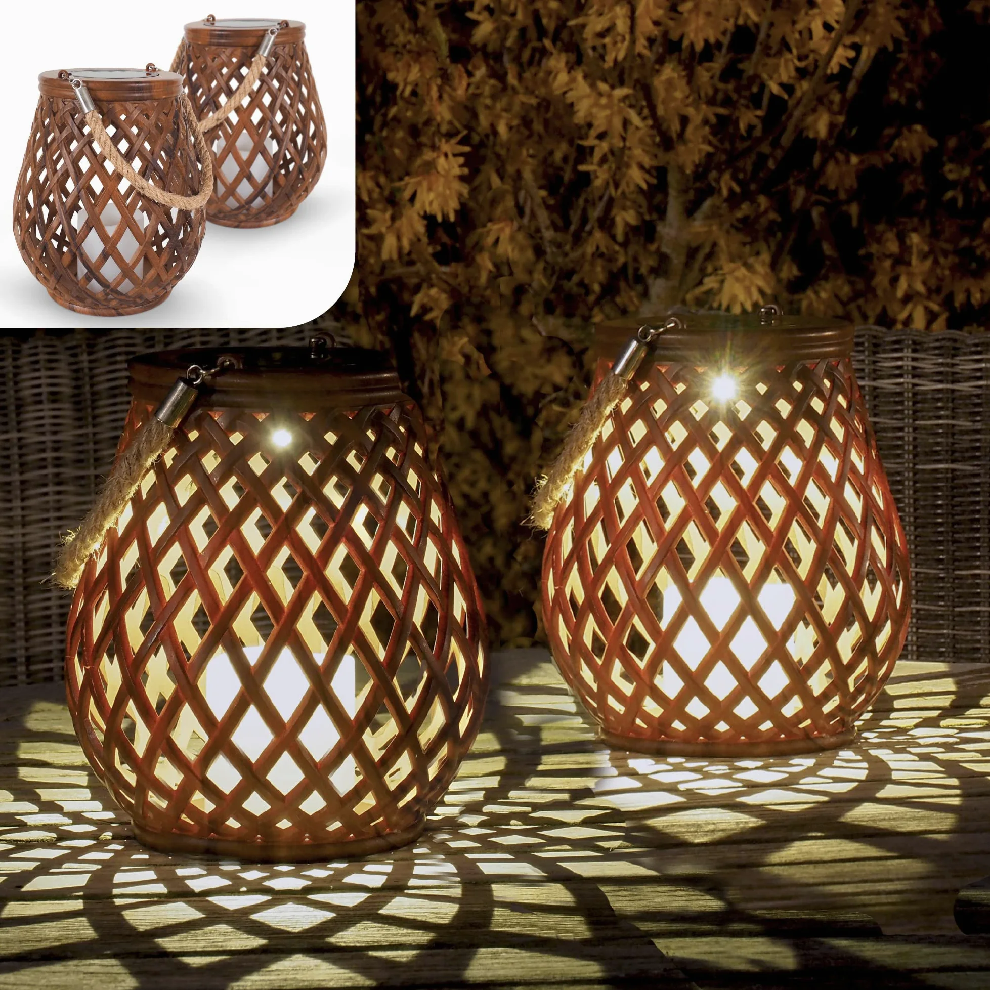 Gadgy Set di 2 lanterne solari in rattan, lampade a LED impermeabili per giardino, balcone e tavolo - Luci decorative alimentate a energia solare