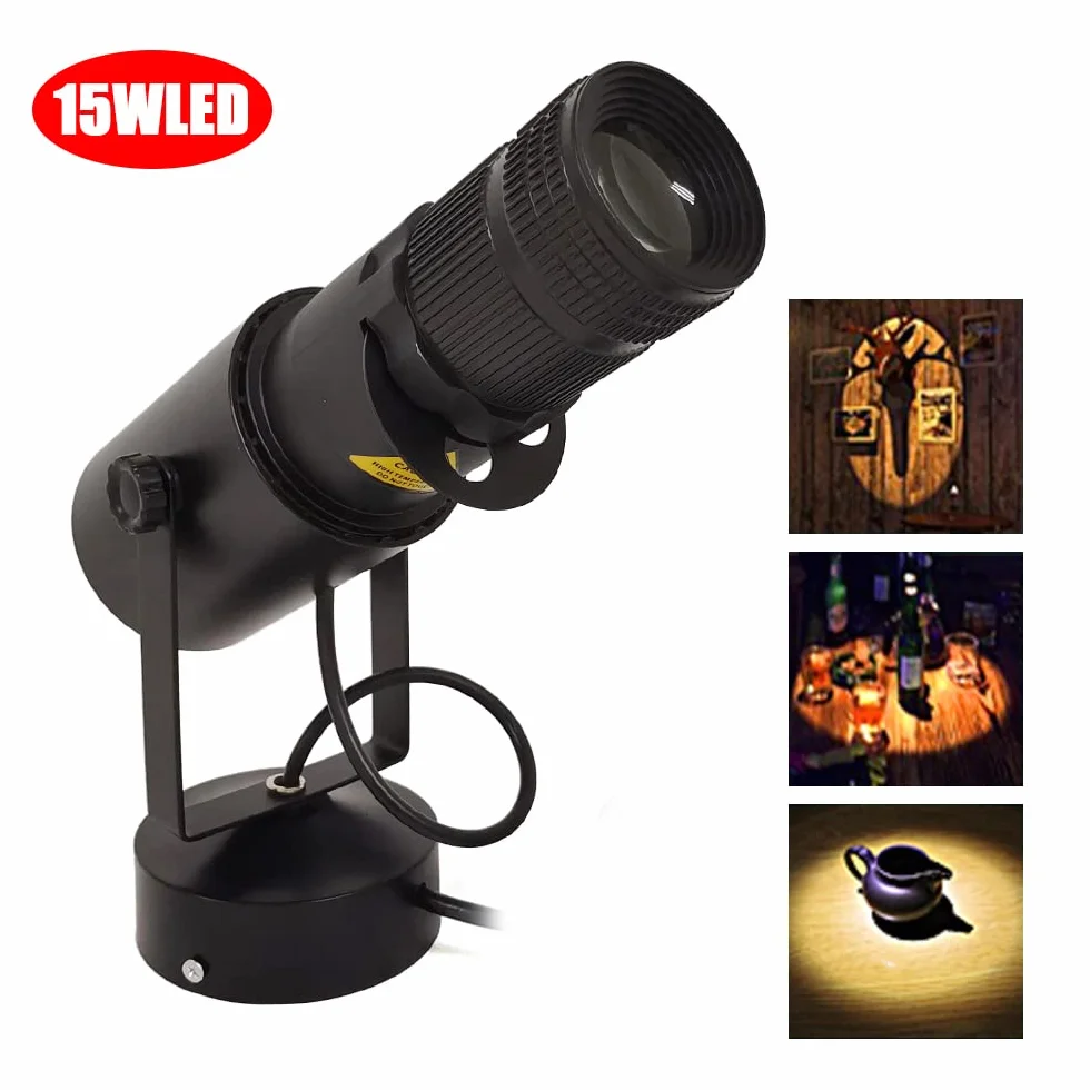 Faretto LED bianco da 15W con diaframma a iride regolabile, faretto rotante, proiettore, luce Par, luce pubblicitaria, luce da palcoscenico, illuminazione pinspot, effetto luminoso per matrimonio