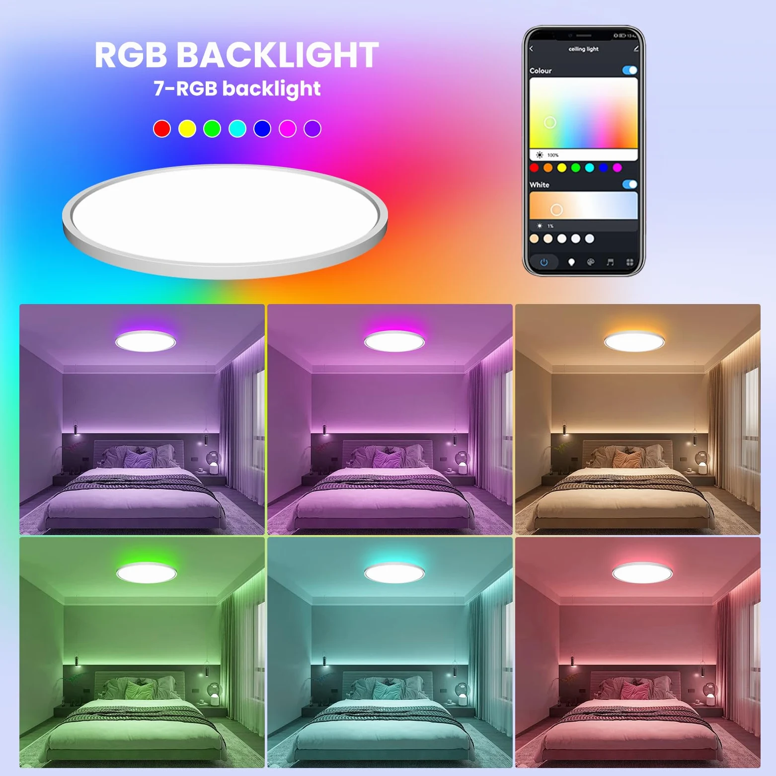 Plafoniera LED Soffitto Dimmerabile 40cm, 48W Lampada da Soffitto RGB con Telecomando App Compatibile con Alexa, Luce d'Ambiente 7 Colori per Camera da Letto Soggiorno Festa, IP44 per Bagno Cucina