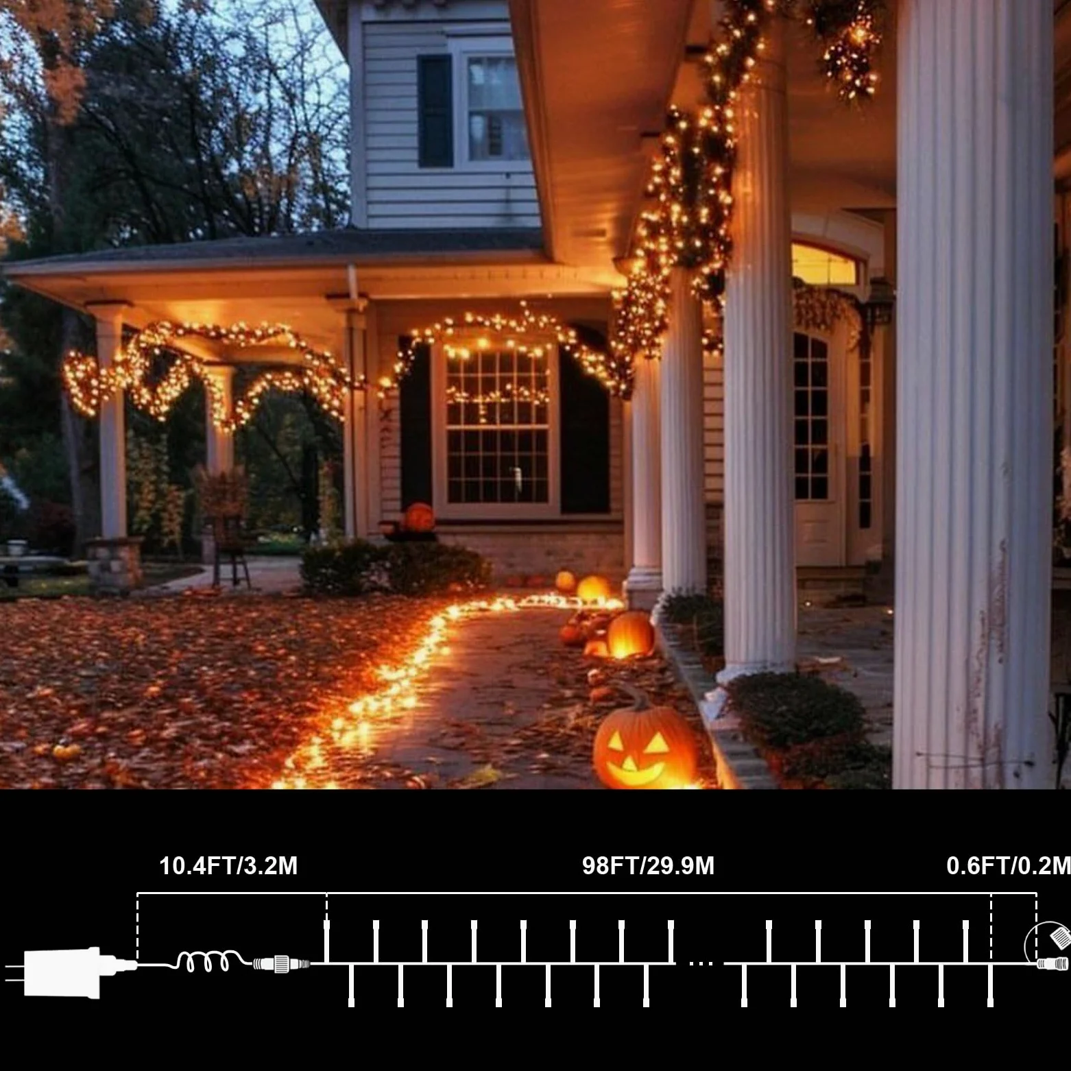 LAMPHOME 30 m di luci per Halloween, 300 LED trasparenti, filo stellato con spina, 16 modalità di illuminazione per interni ed esterni, albero di Natale, decorazione per feste di nozze (arancione)
