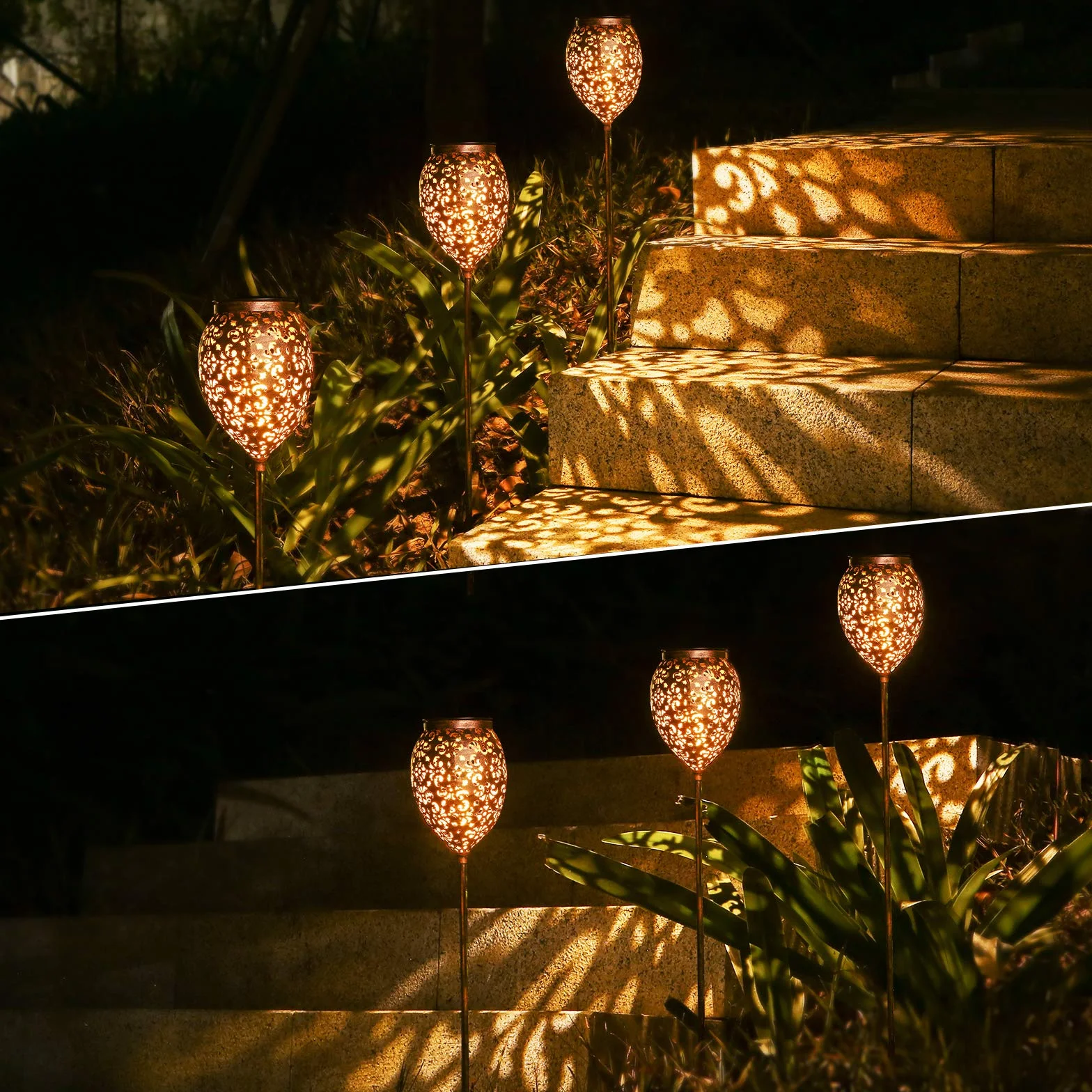 JOYCREATOR Lampade solari in metallo per esterni da giardino, 6 pezzi, luci solari per esterni, IP65, impermeabili, vintage, da giardino, a energia solare, regolabile in altezza, con picchetto per
