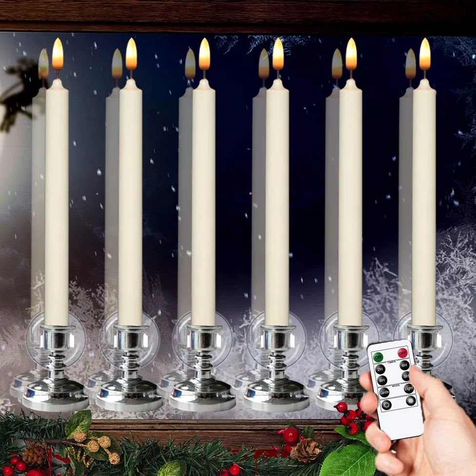 Wondy. Candele da finestra a distanza senza fiamma con timer e ventose, con stoppino 3D a batteria a LED tremolanti tremolanti in vera cera calda decorazione natalizia set di 6 (supporti argentati)