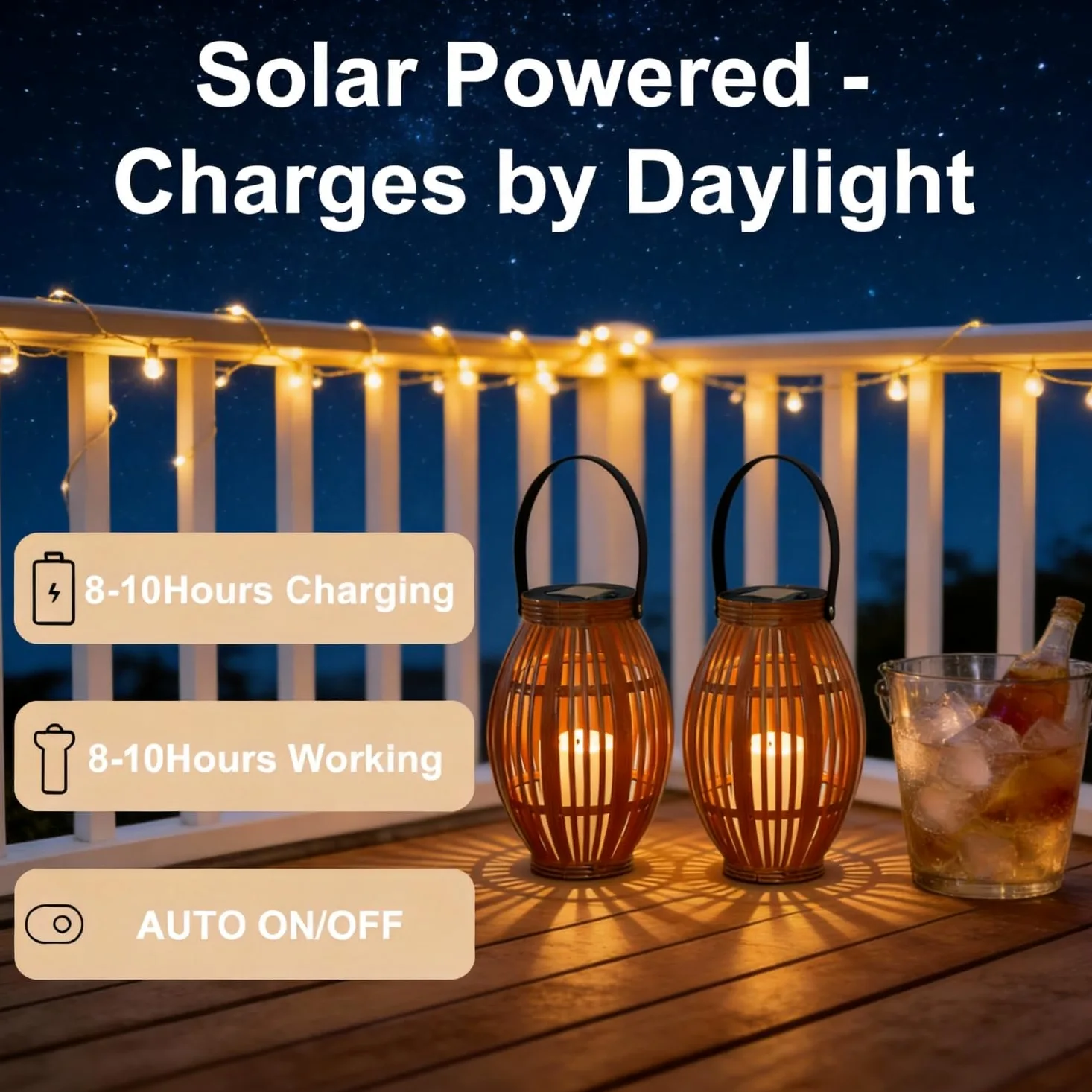 Confezione da 2 lanterne a energia solare con luce LED, design decorativo in tessuto, naturale e nero, per appendere all'aperto