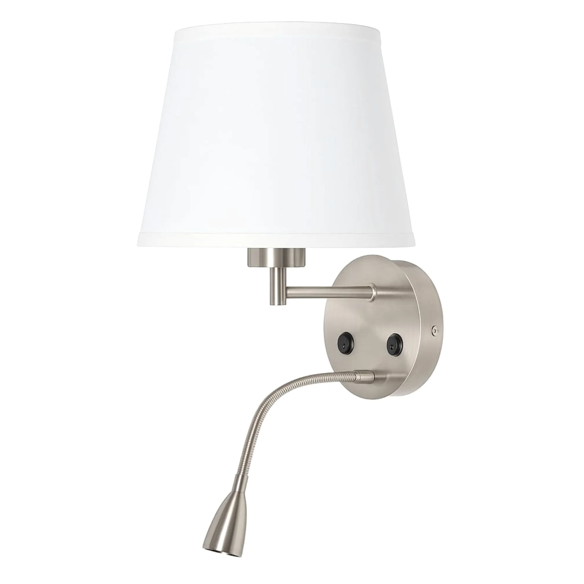 BarcelonaLed - Applique da parete E27 con faretto di lettura orientabile flessibile da 1 W, paralume in tessuto bianco, con 2 interruttore, per camera da letto, testiera del letto, comodino, salotto
