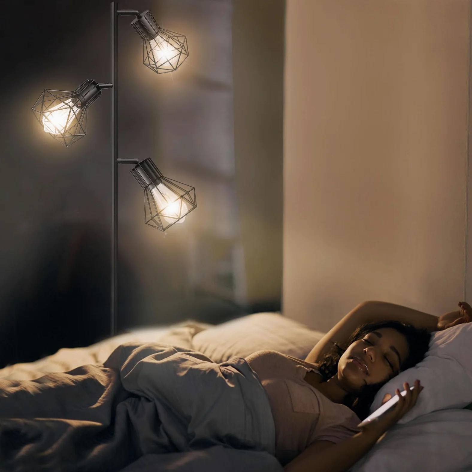 BBHome Lampada da terra industriale, lampada da terra ad albero di fattoria con teste a gabbia regolabili, lampade da terra rustiche per ufficio camera da letto soggiorno, nero (lampadine non incluse)