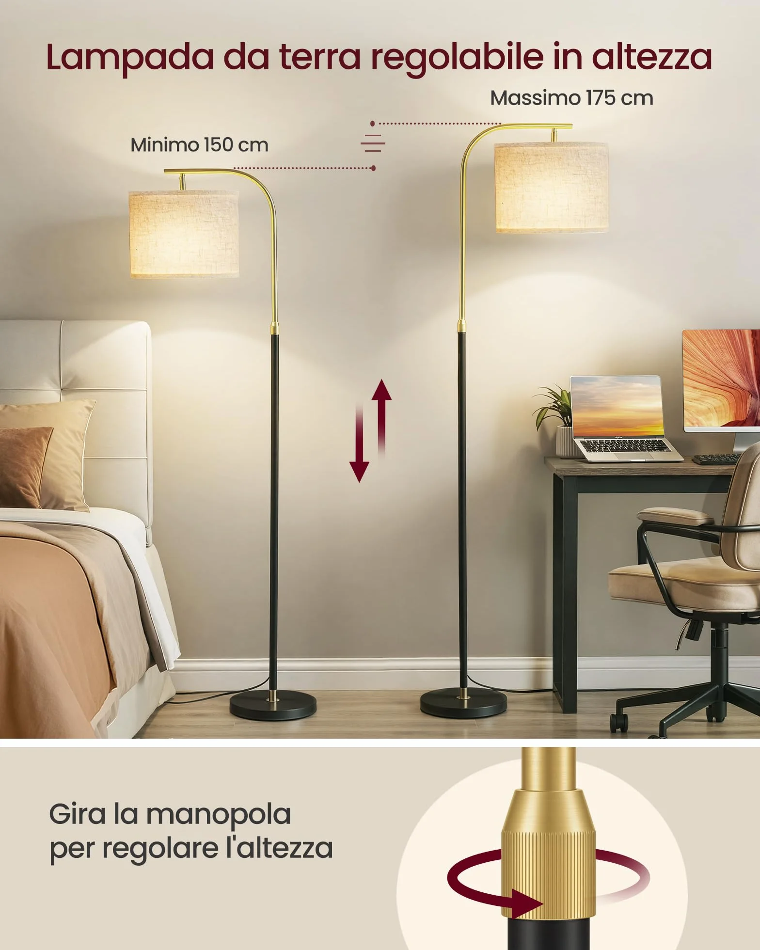 VASAGLE Lampada da Terra, Regolabile in Altezza 151-176 cm, Attacco E27 | Lampada da Lettura, Interruttore a Pedale, Paralume in Tessuto, Colore Nero Opaco, Collezione LUSIA LFL006BD02