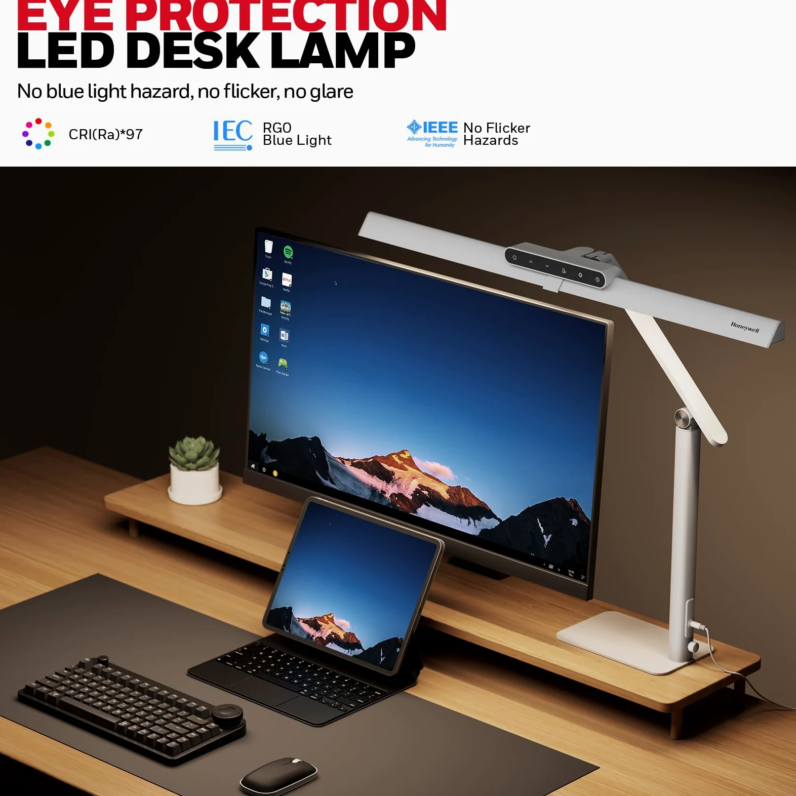 HONEYWELL HJ1BK-Base Sunturalux - Lampada da scrivania a LED da scrivania per ufficio, 1200 lm, 4 modalità di colore con timer, colore: Bianco