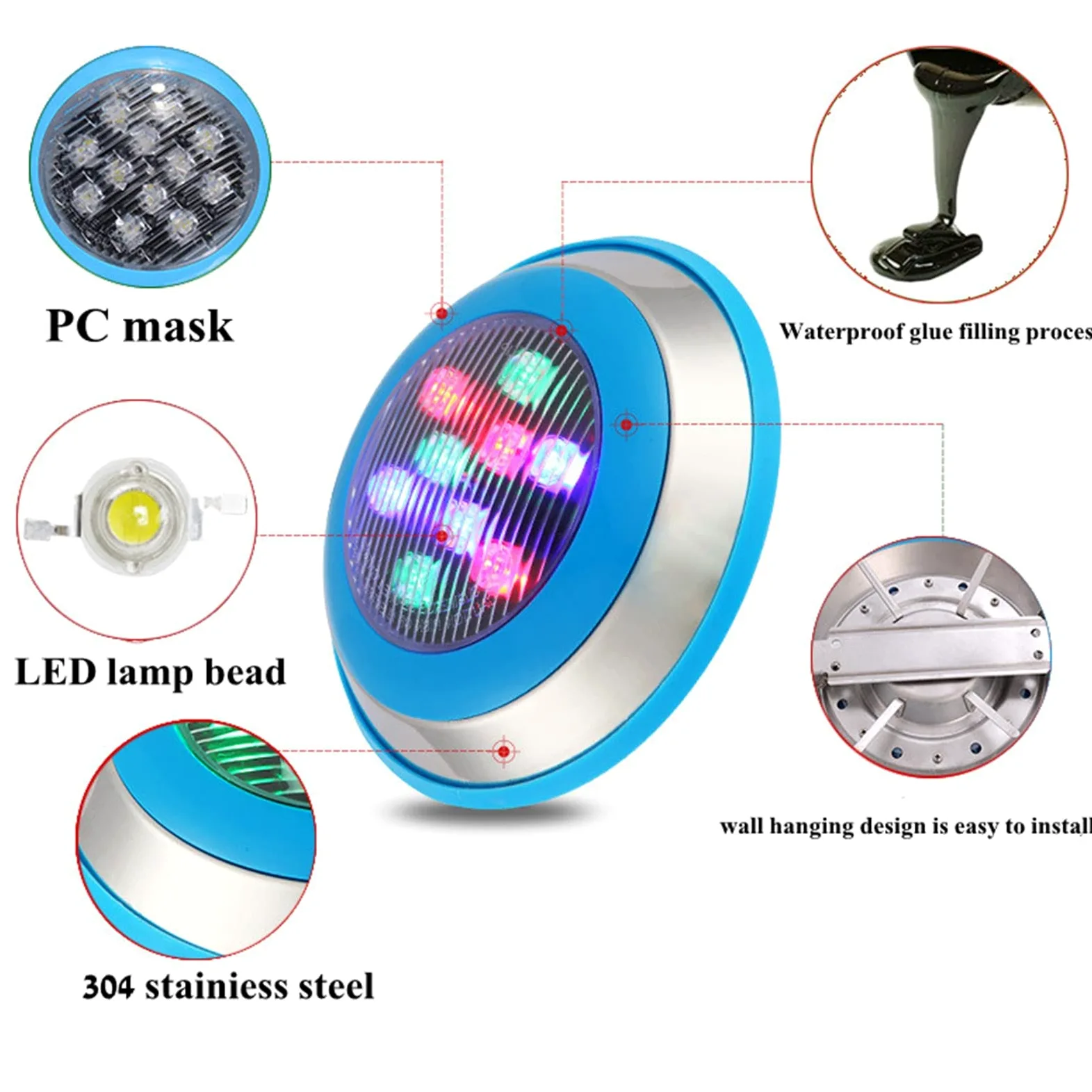 Luce della Piscina a LED montata a Parete, 6-54W lampade Blu Impermeabili in Acciaio Inossidabile Ip68 12/24VLuci subacquee (Color : AC12V-1-white Light, Size : 24w)