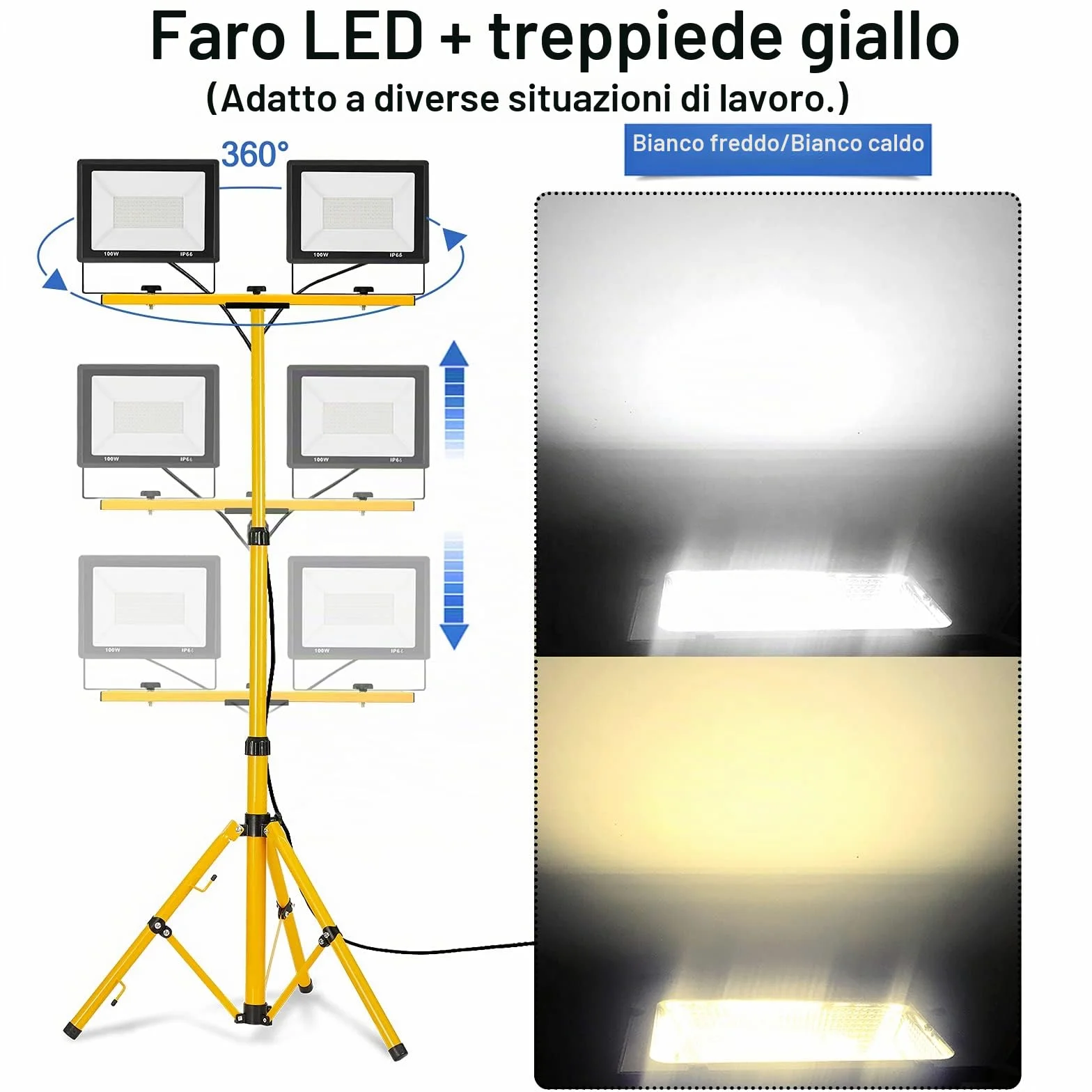 Froadp 2x200W Faretto Cavalletto Telescopico Proiettore, Doppio Faretto LED Faretto Portatile, Costruzione Lampada da Lavoro a LED Portatile Impermeabile, Alloggiamento in Alluminio (Bianco freddo)