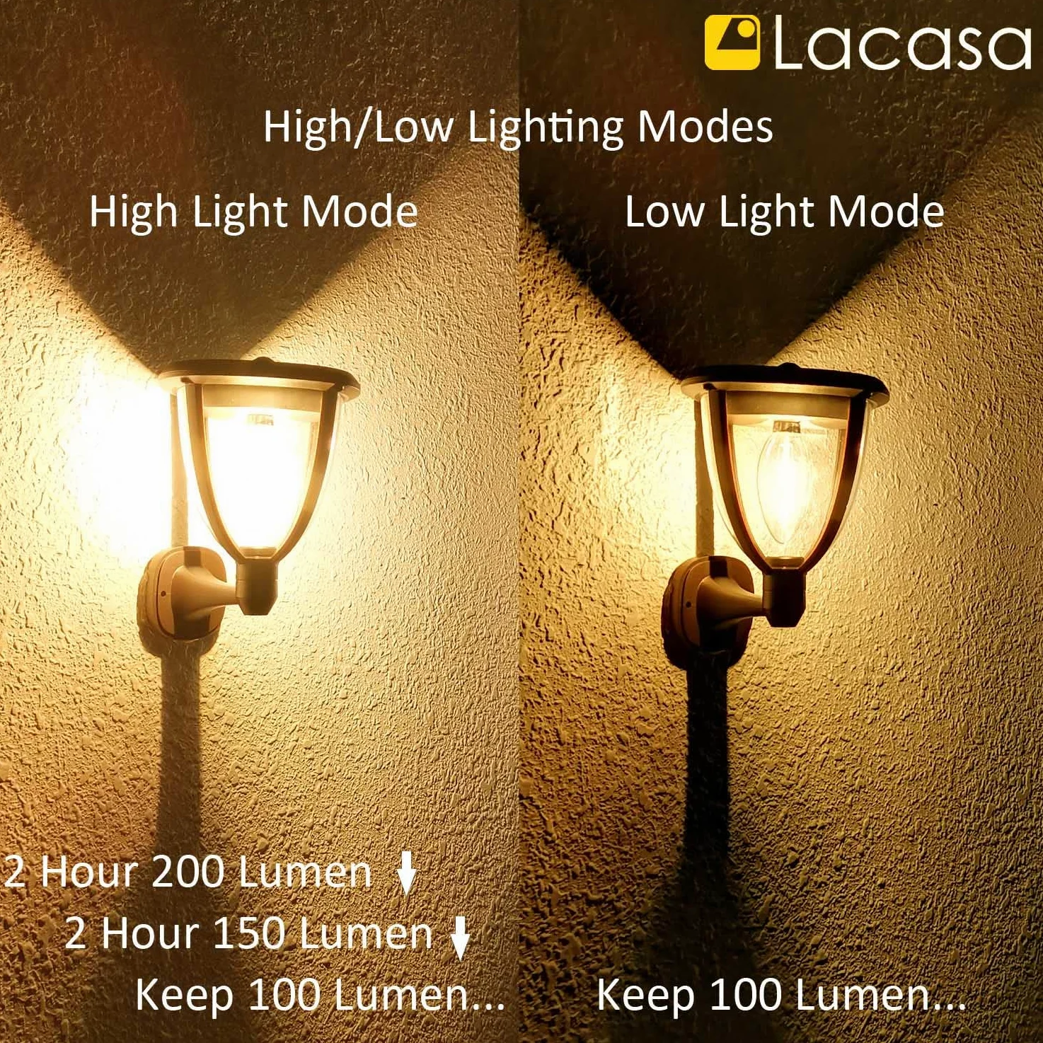 Lacasa Luce Solare LED Esterno, Lampada Solare 【2 Pezzi Versione Potente】 IP65 Impermeabile 2 Modalità di Lavoro Lampade da Parete Portico per Esterni Luci Solari per Giardino, Bianco Caldo 2700K