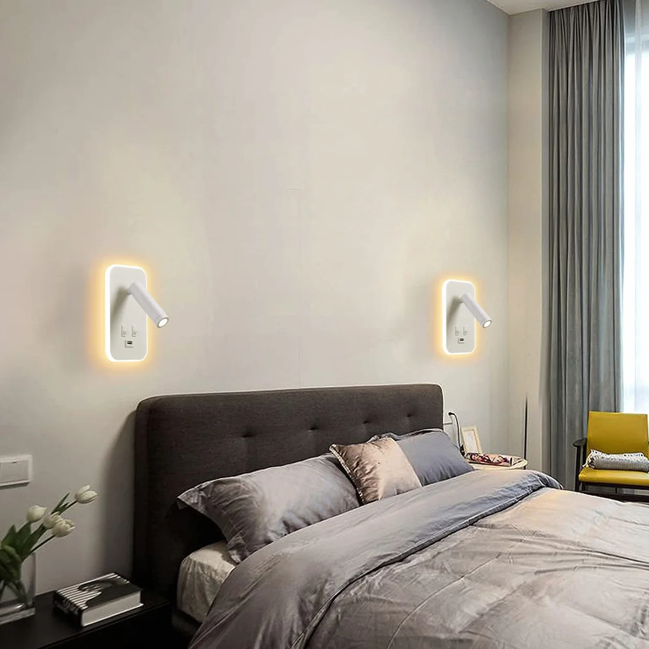 Lampada da Parete a LED, Lampada da Lettura da Comodino, con Porta di Ricarica USB, Faretto Regolabile con Luce Ambientale per Camera da Letto (3W 3100K+9W 6000K) Bianco