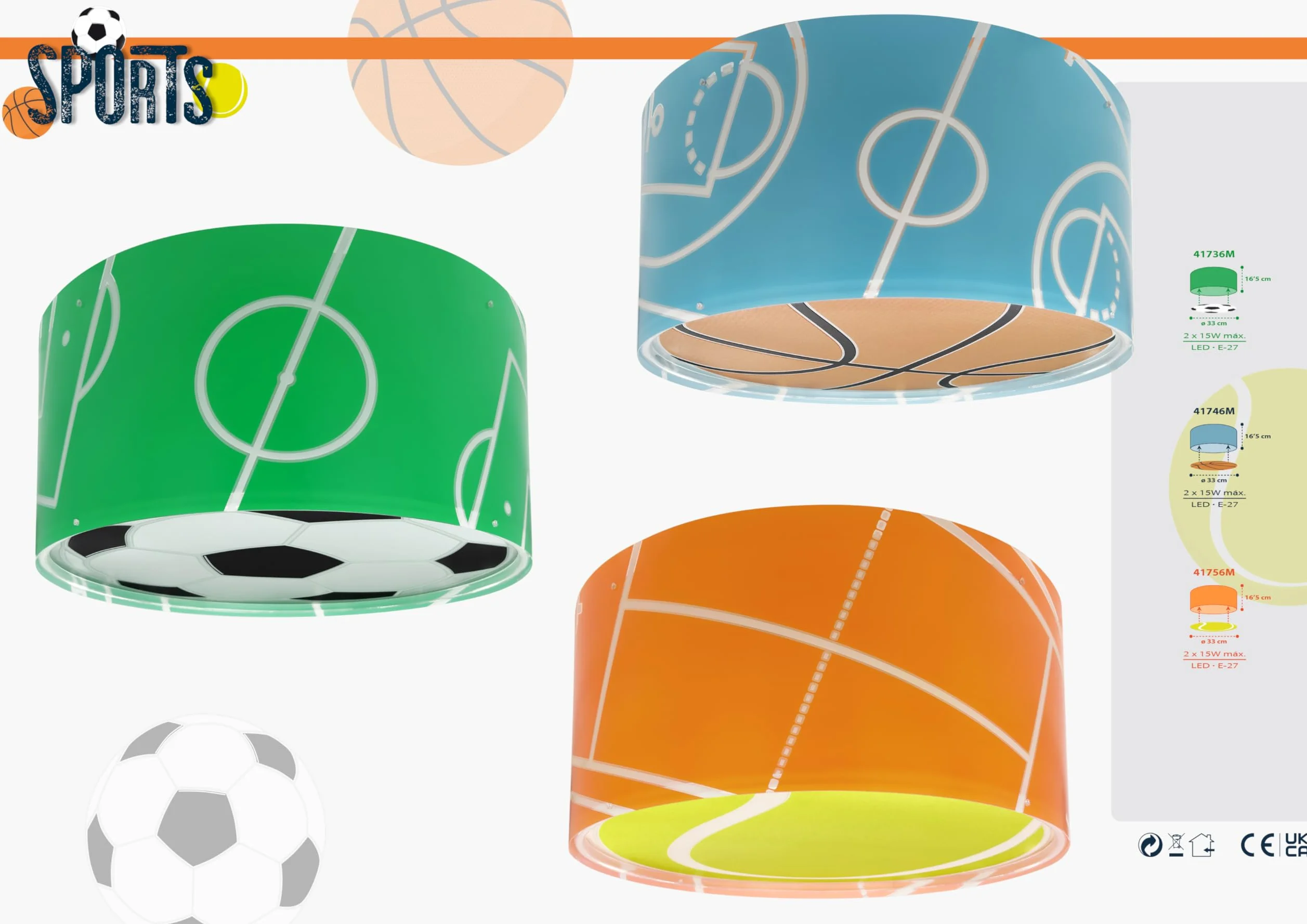 Plafoniera per bambini Dalber Football, Pallone da calcio, Sport, plafoniere per bambini, 41736M, E27-2 x 15W, verde