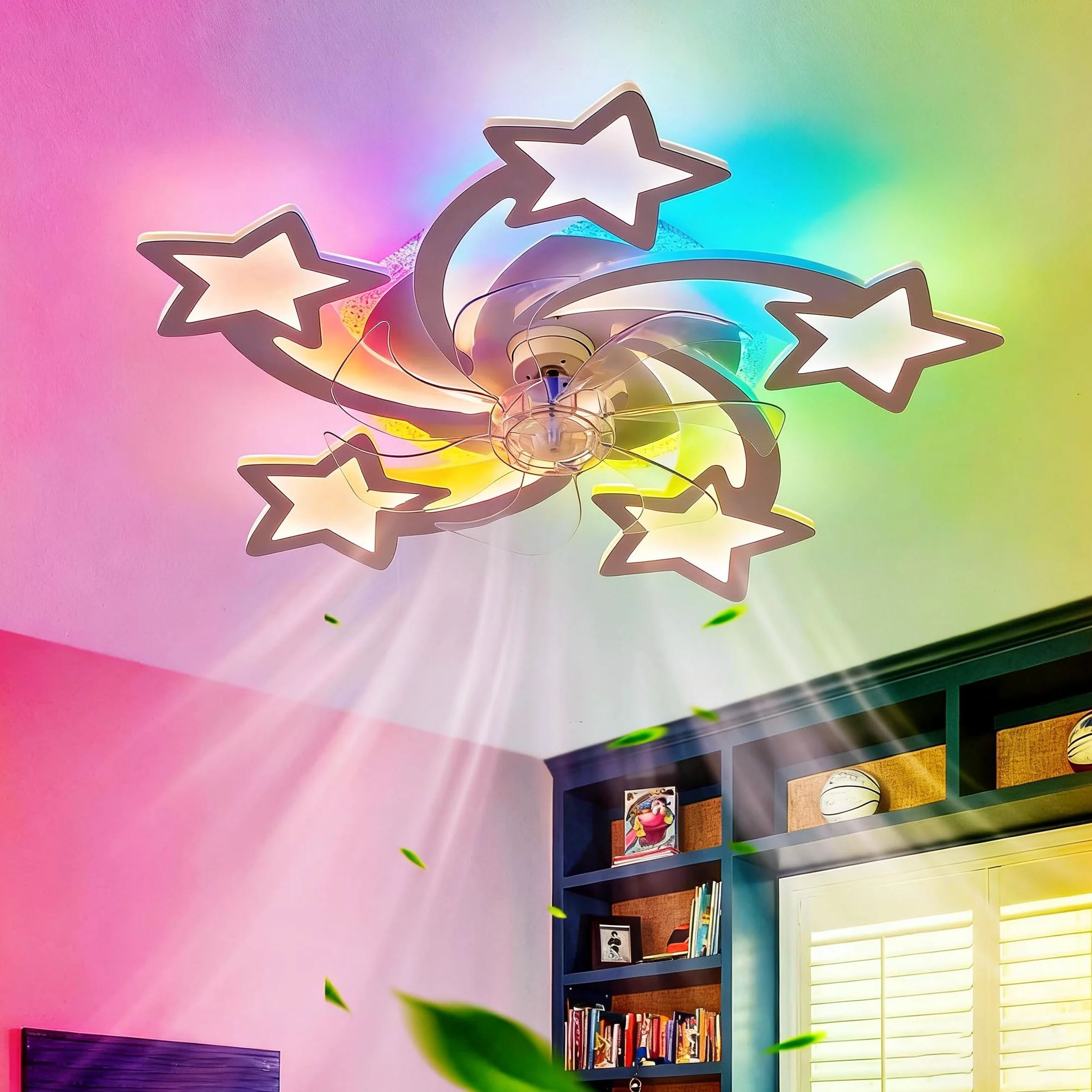 RGB Lampadario Con Ventilatore Da Soffitto Con Telecomando APP, Bambino Cameretta Lampadario Ventilatore Reversibile 6 Velocità Dimmerabile Ventola Soffitto Con Luce Memoria Silenzioso Bianco