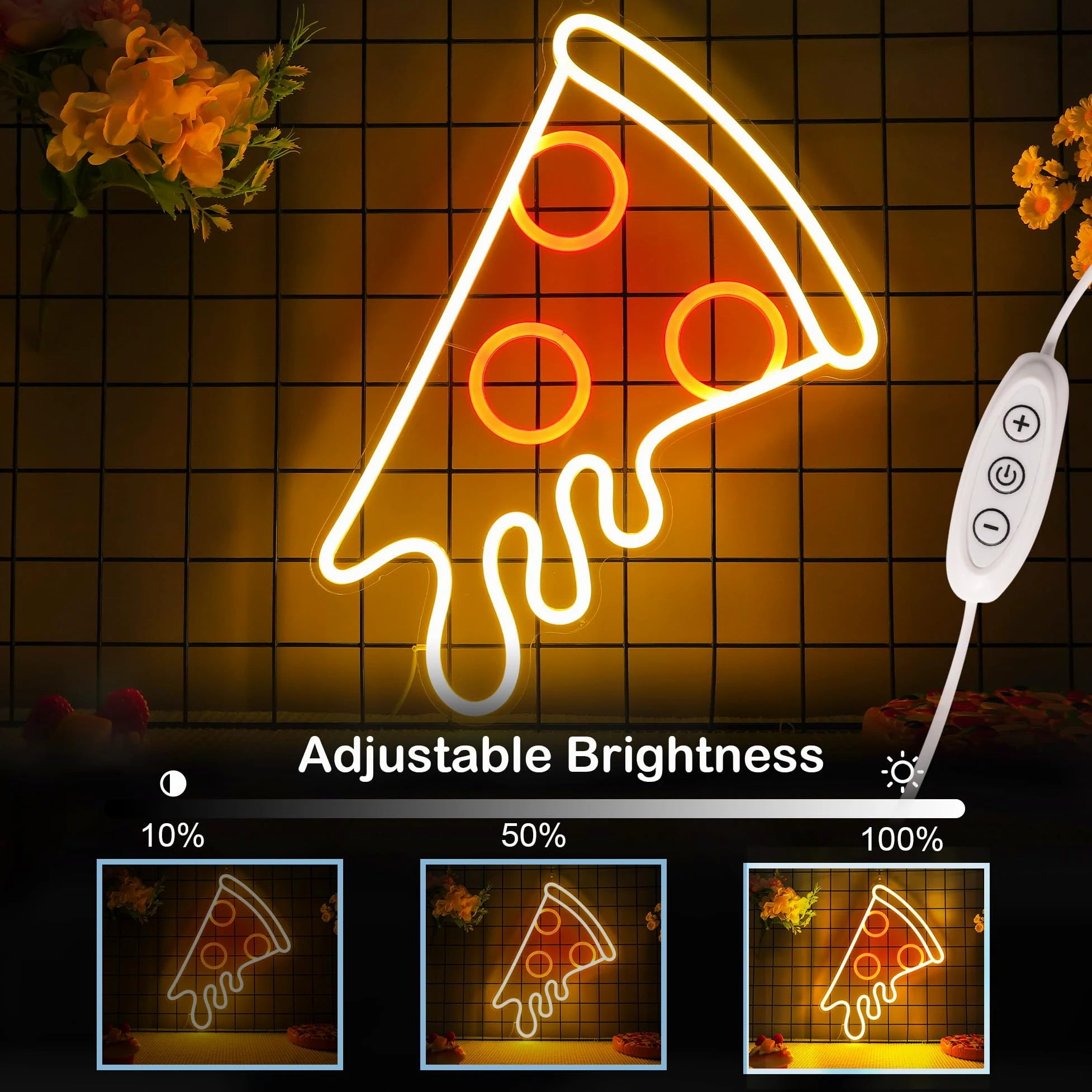 CoolGift Mart Insegna al neon a forma di pizza, luce LED dimmerabile, perfetta per negozio, ristorante, cucina, grotta degli uomini, decorazione per feste di compleanno; regalo ideale per bambini
