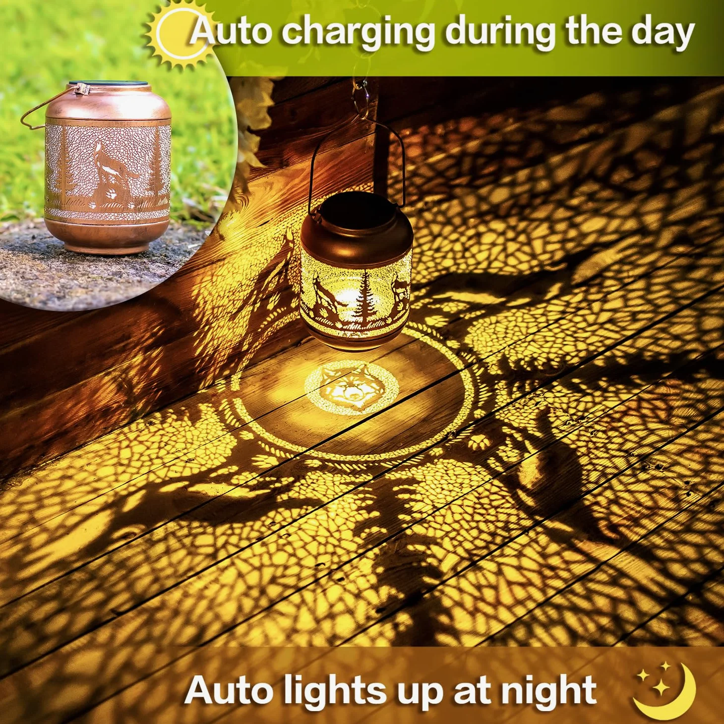 Lanterne solari a forma di lupo per esterni, impermeabili, da appendere, regalo per donne/uomini/amanti dei lupi, in metallo, decorative, a LED, per decorazione da giardino, patio, prato, sentiero,