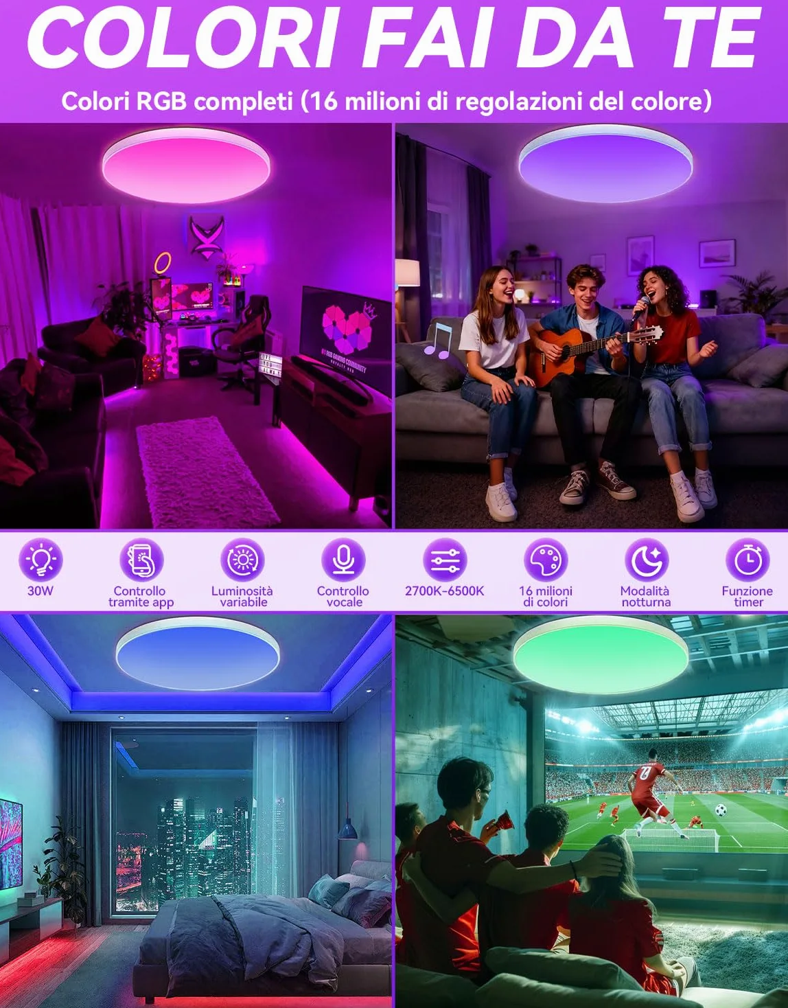 Plafoniera led soffitto lampadario camera da letto bambina 30W Lámpara empotrada de 16 millones de colores Funciona con dispositivos Matter Alexa Luce Soffitto Cameretta,Cucina,Soggiorno