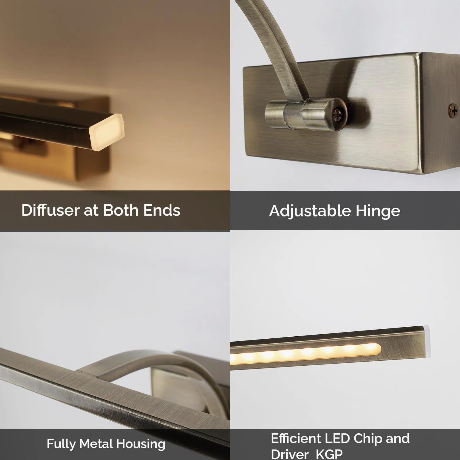 Alpinaluz Applique da parete LED per illuminazione di quadri, specchi e mobili, 8 W, 455 mm, luce calda 2700 K, angolo regolabile, acciaio con finitura bronzo invecchiato, driver KGP integrato