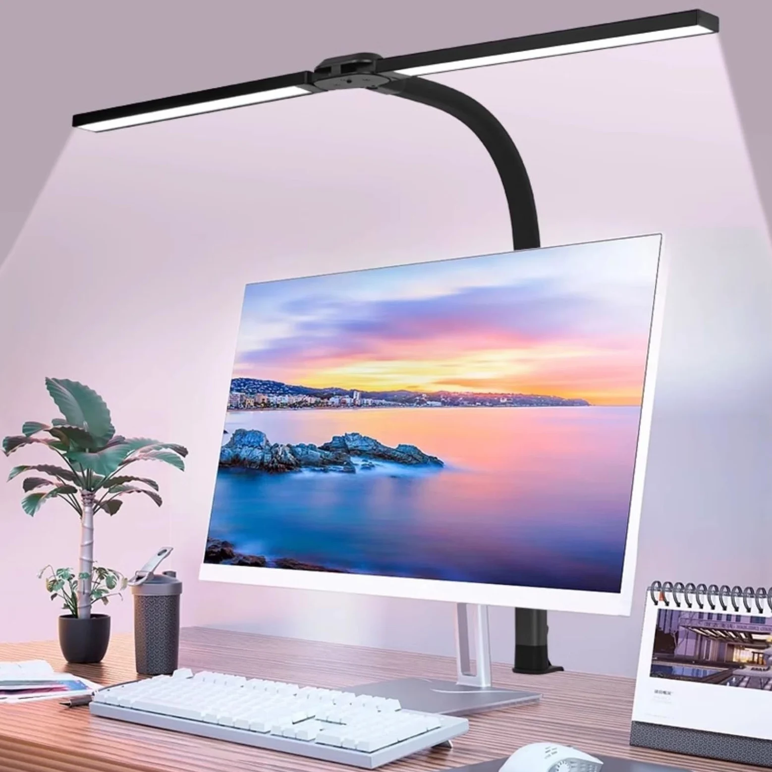 Lampade da scrivania Lampada da scrivania a morsetto, lampada a LED a doppia testa, 10 modalità di illuminazione e livelli di luminosità, collo cigno flessibile per monitor, lampade protezione degli