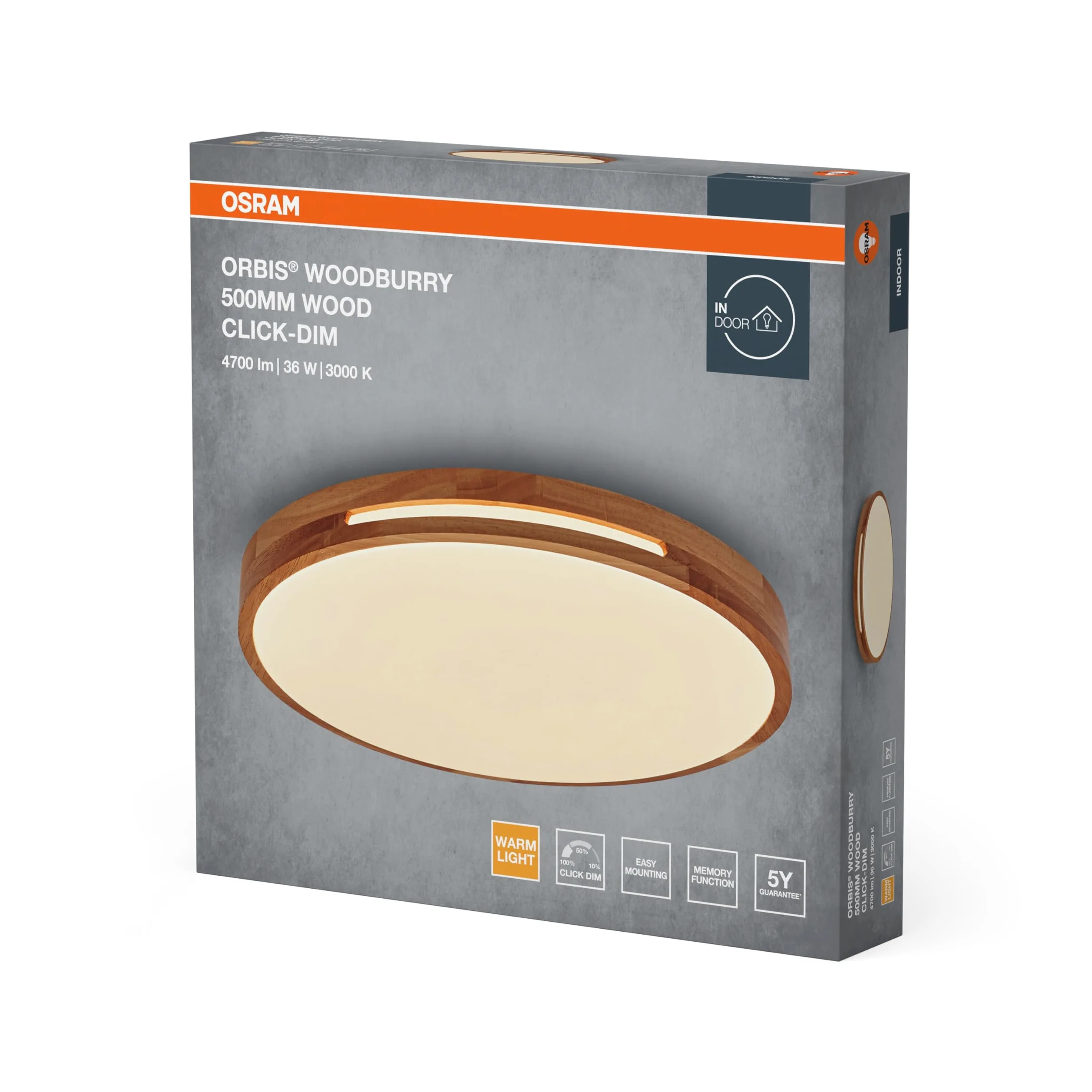 OSRAM ORBIS Woodburry LED wall/ceiling light with wood decor, 36 W, 1,500 lm, 3,000 K, 500-mm diameter, 830 friendly warm white, IP20 protection, mounting screws and dowels included