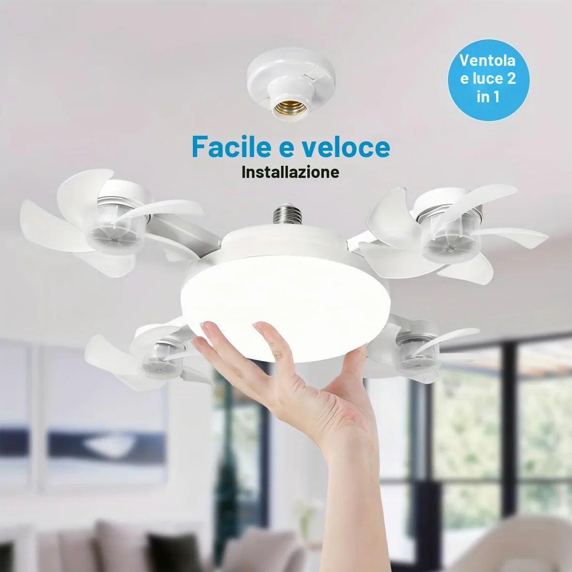 Ventilatore de Soffitto con Luce, Dimmerabile Regolabile Ceiling Fan Lampadina con ventilatore Plafoniera con Ventilatore Silenzioso Telecomando per Camera da Letto Interno Camera da Letto Ufficio