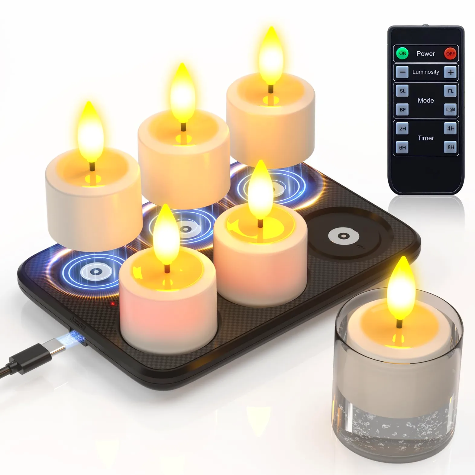 PChero Candele da tè ricaricabili con stazione magnetica, confezione da 6 candele elettriche senza fiamma a LED tremolanti con timer remoto per esterni, impermeabili, per casa, camera, bagno, giardino