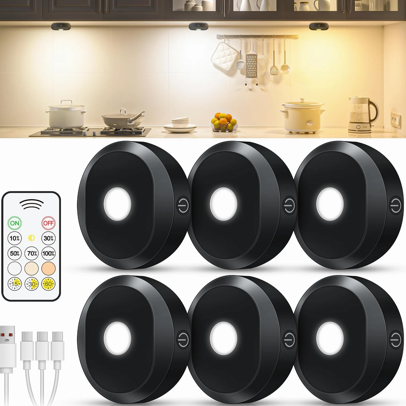 WILLED led sottopensile cucina,Ricaricabile luci per armadio con telecomando,Regolabile luci led cucina con Funzione Timer per cucina,armadio, piano di lavoro, guardaroba, mensola,confezione da 6