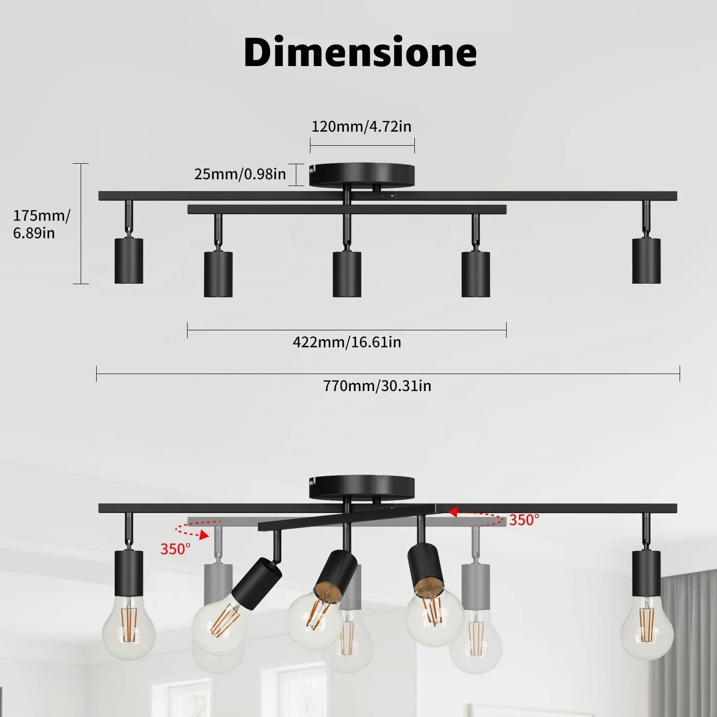 LVWIT Faretto LED Interno Nero, Lampadario Faretti con 5 Attacco E27, Faretti Soffitto Moderna, Faretti Orientabili per Barra, Salotto, Cameretta, Cucina,Corridoio Illuminazione (Senza Lampadina)