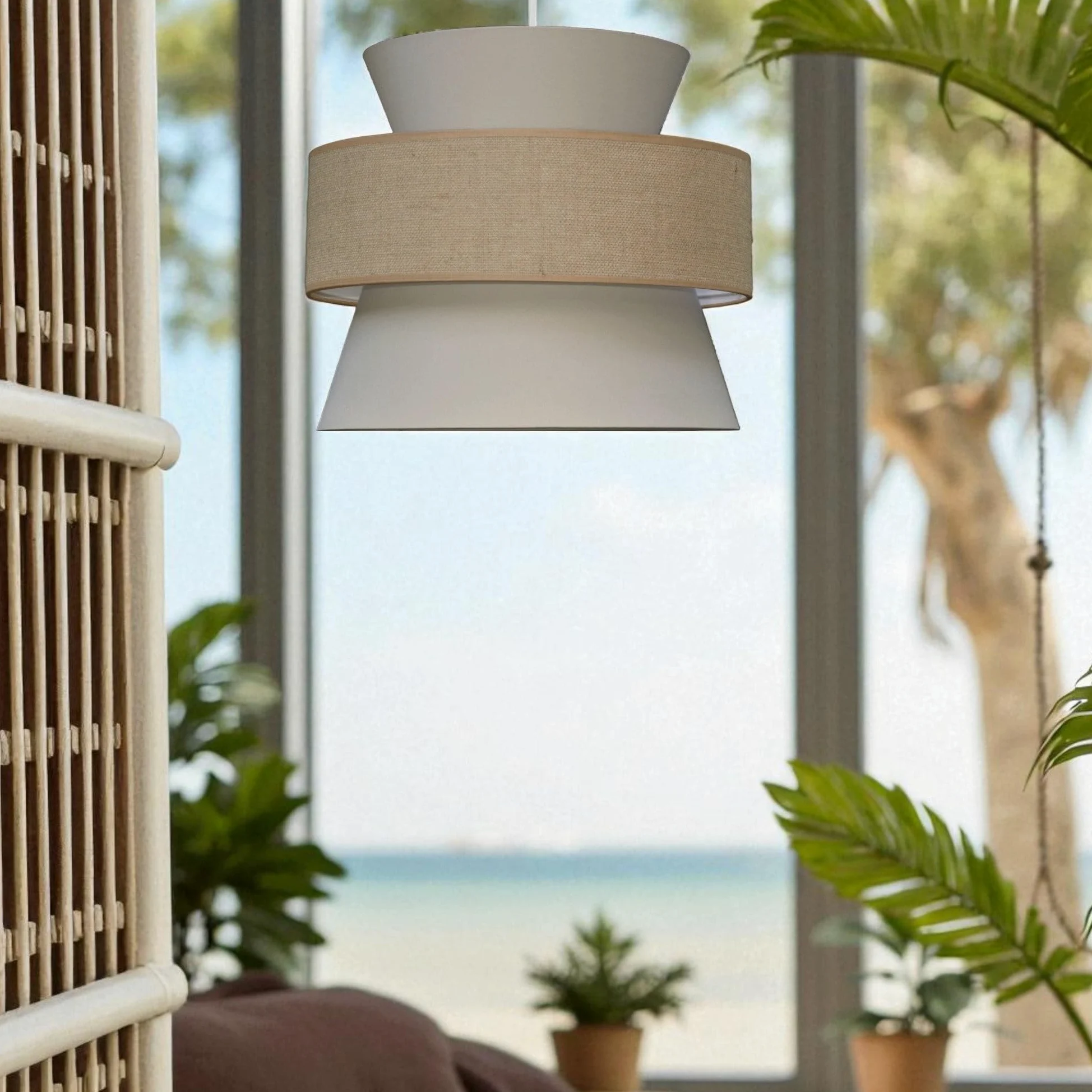 Lampada a sospensione BOHO 2xE27, diametro 38 cm, grande paralume in cotone e juta, per camera dei bambini, soggiorno, camera da letto, cucina, ingresso e ufficio, made in EU