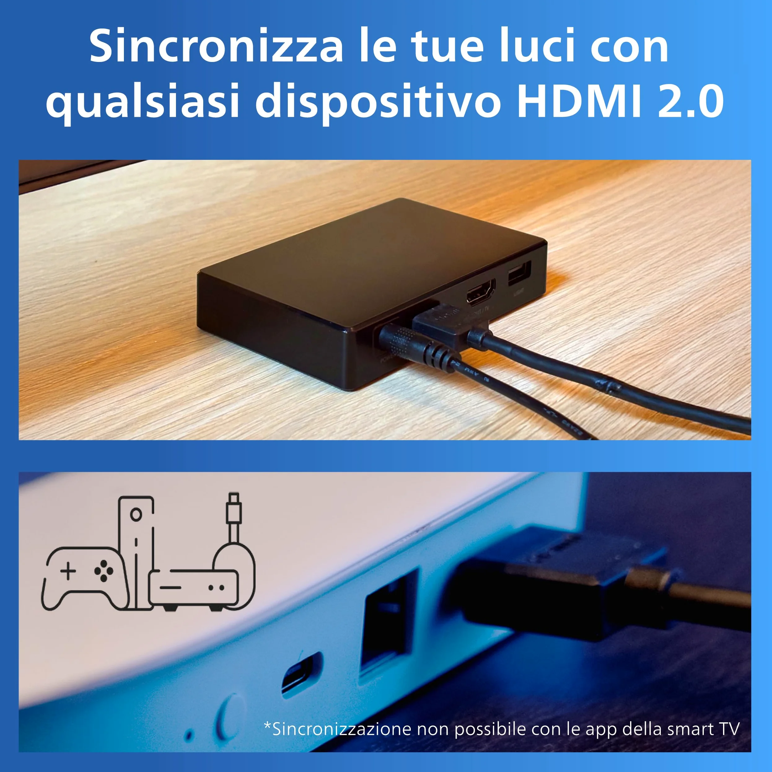Philips Smart Lighting HDMI Sync Box, Striscia LED RGBIC per TV 55-65" | Luce dietro TV, Dimmerabile, Sincronizzazione con film e musica, HDMI 2.0 4K a 60 Hz, Smart Home, Compatibile con WiZ
