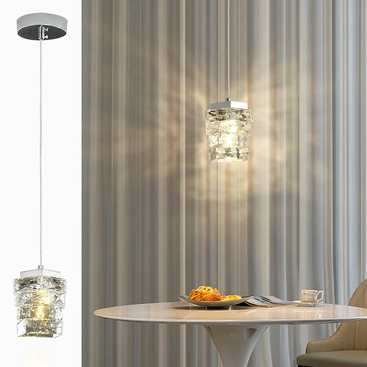Moderna Lampada A Sospensione In Cristallo, 3 Colori Lampada A Sospensione A LED, Altezza Regolabile, Per Camera Da Letto Isola Della Cucina Sala Da Pranzo Corridoio (Argento)